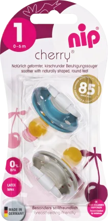 NIP Pacifier Cherry Latex, blue/brown, Gr. 1, 0-6 Months, 2 Pcs