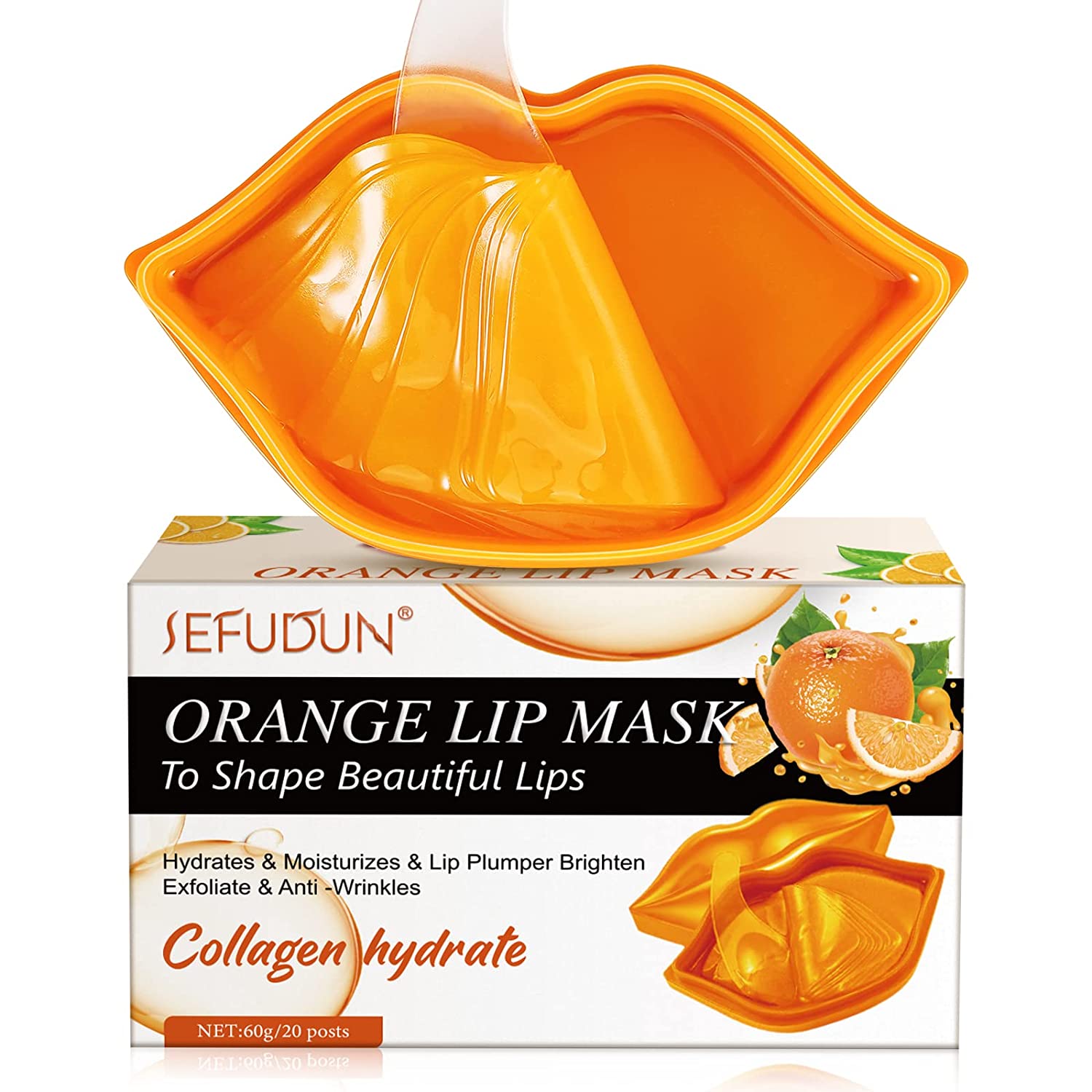 nuedsfxo Pack of 20 Lip Mask, Lip Mask Pads, Lip Mask, Anti-Ageing Moisturising Lip Pads, Collagen Lip Sleeping Mask for Lip Care, Suitable for Dry & Cracked Lips (Orange)