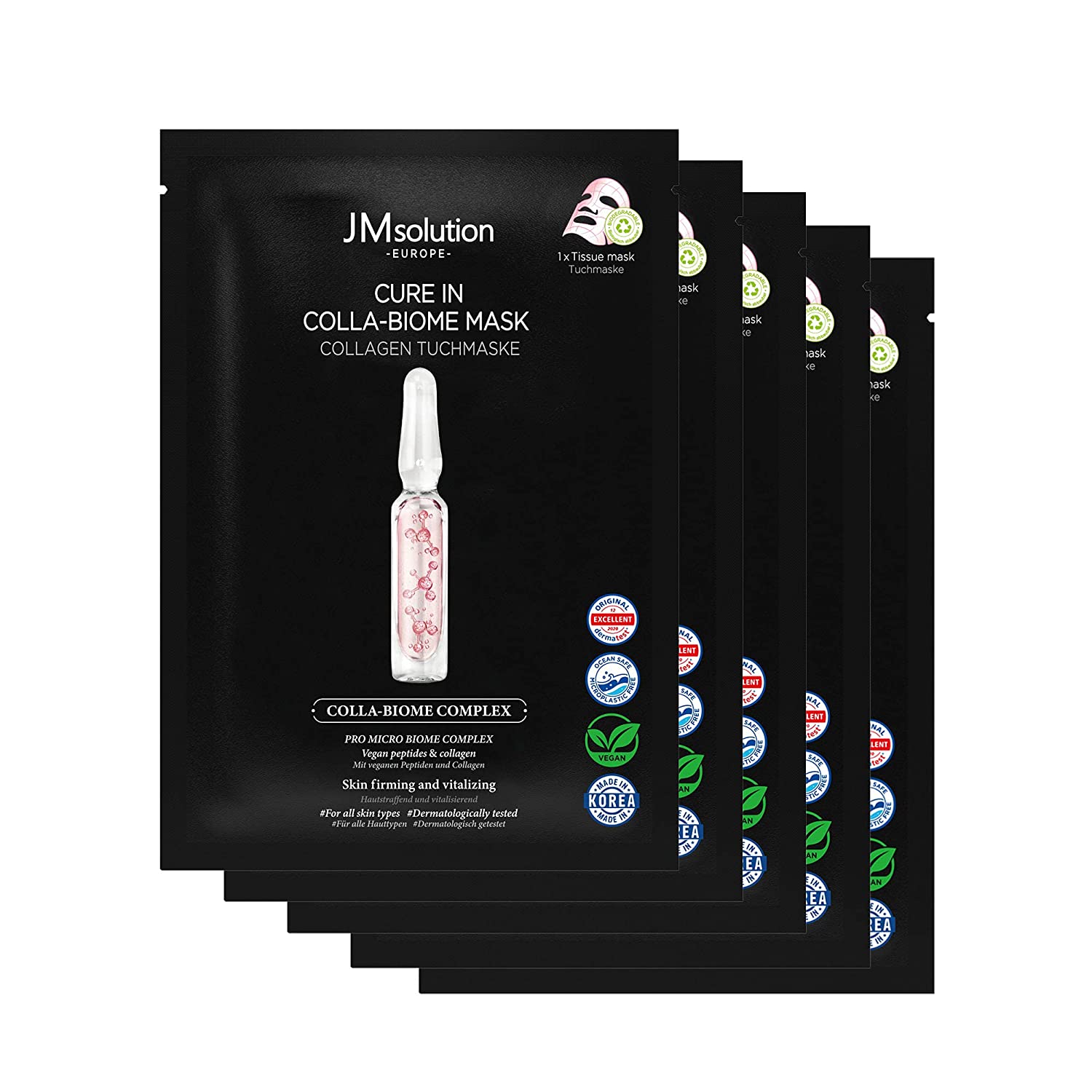 JMsolution Cure in Biome Collagen Cloth Mask Pack of 5 (Face Mask, Vegan, Pure Skin, Moisturising, Spa Feeling)