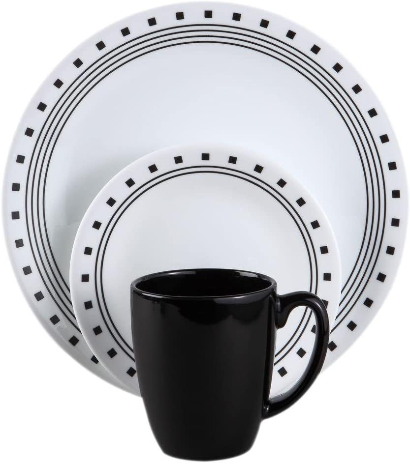 Corelle 16-Piece Vitrelle Glass City Block Chip and Break Resistant Dinner Set, Service for 4, Black
