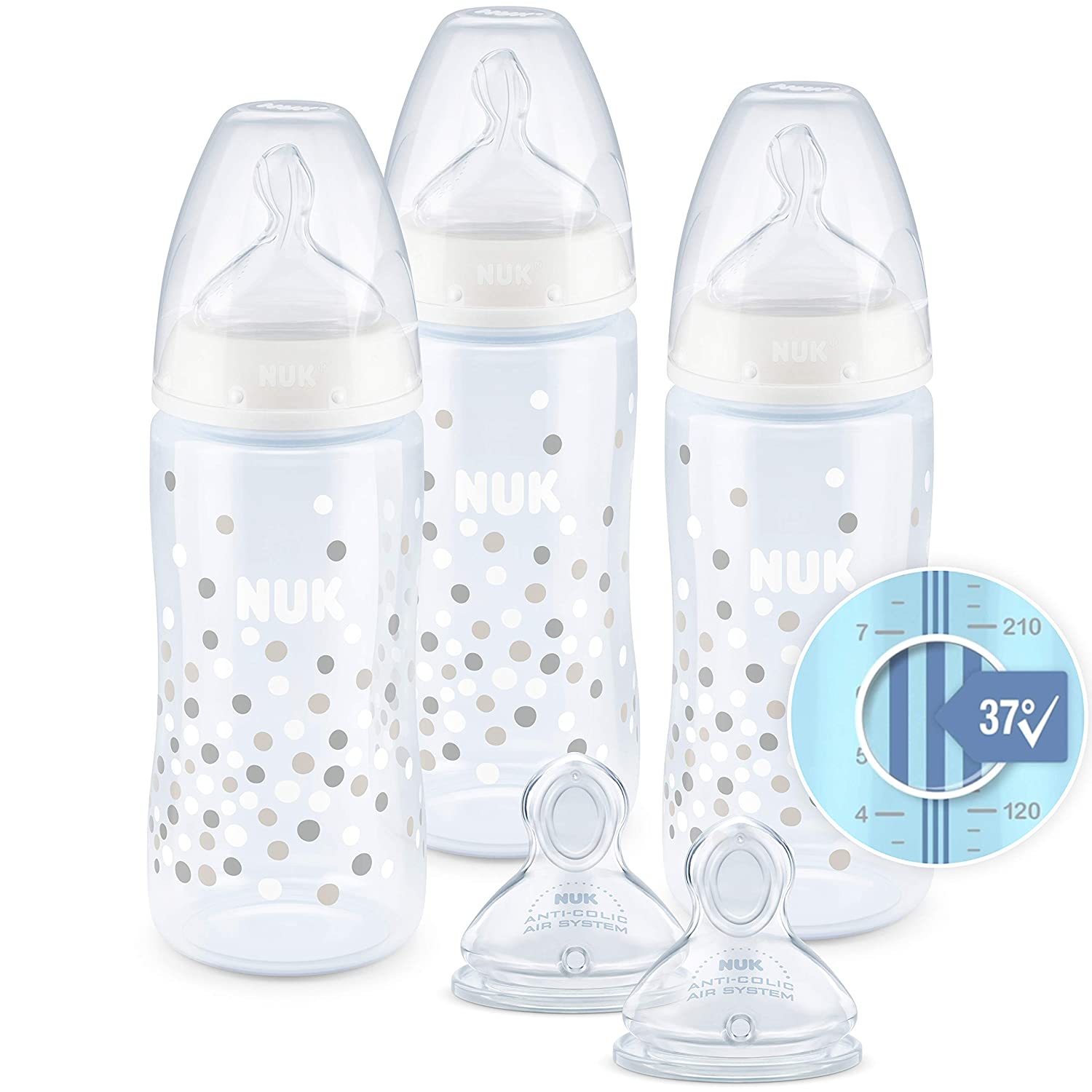 Nuk First Choice+ Baby Bottle Set, 3 Bottles with Temperature Control Display, Anti-Colic, 300 ml, 0-6 Months, Silicone Teat, BPA-Free