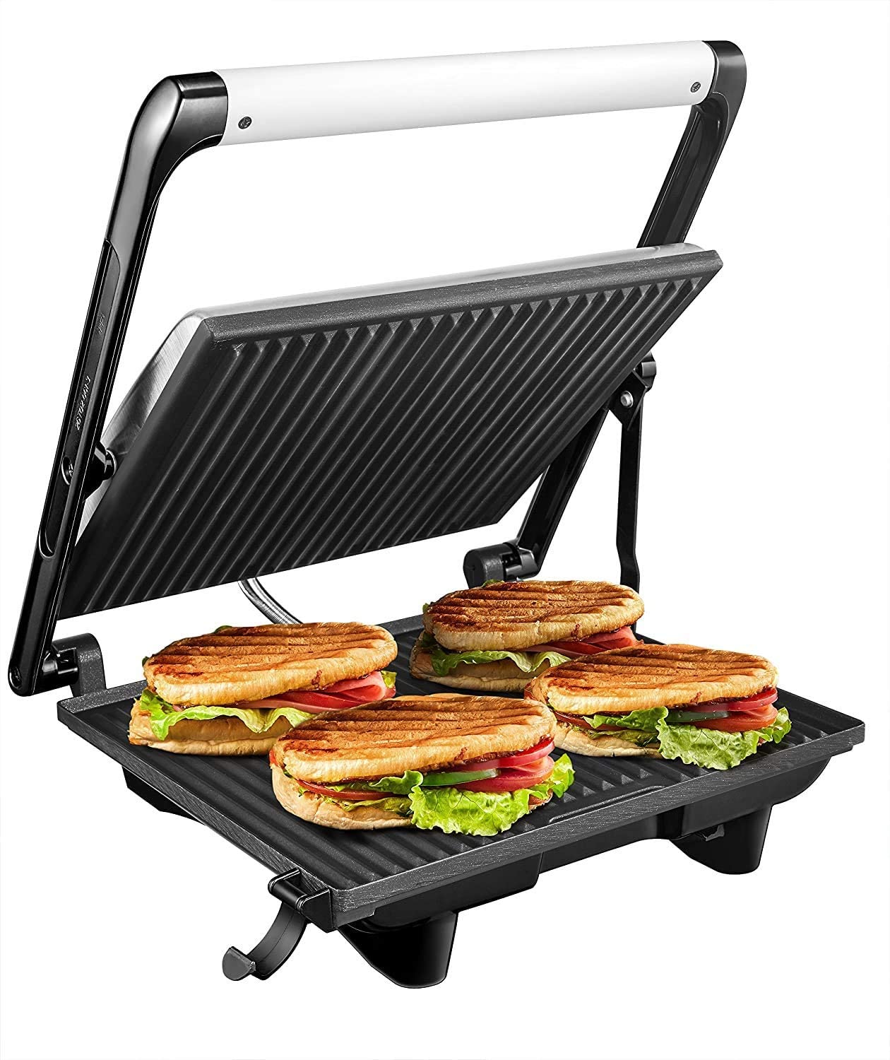AAUU Contact grill Panini grill, sandwich toaster, 2000 W electric table grills for sandwiches, steak and panini, non-stick coated plates 32 cm x 26 cm, stainless steel housing, silver