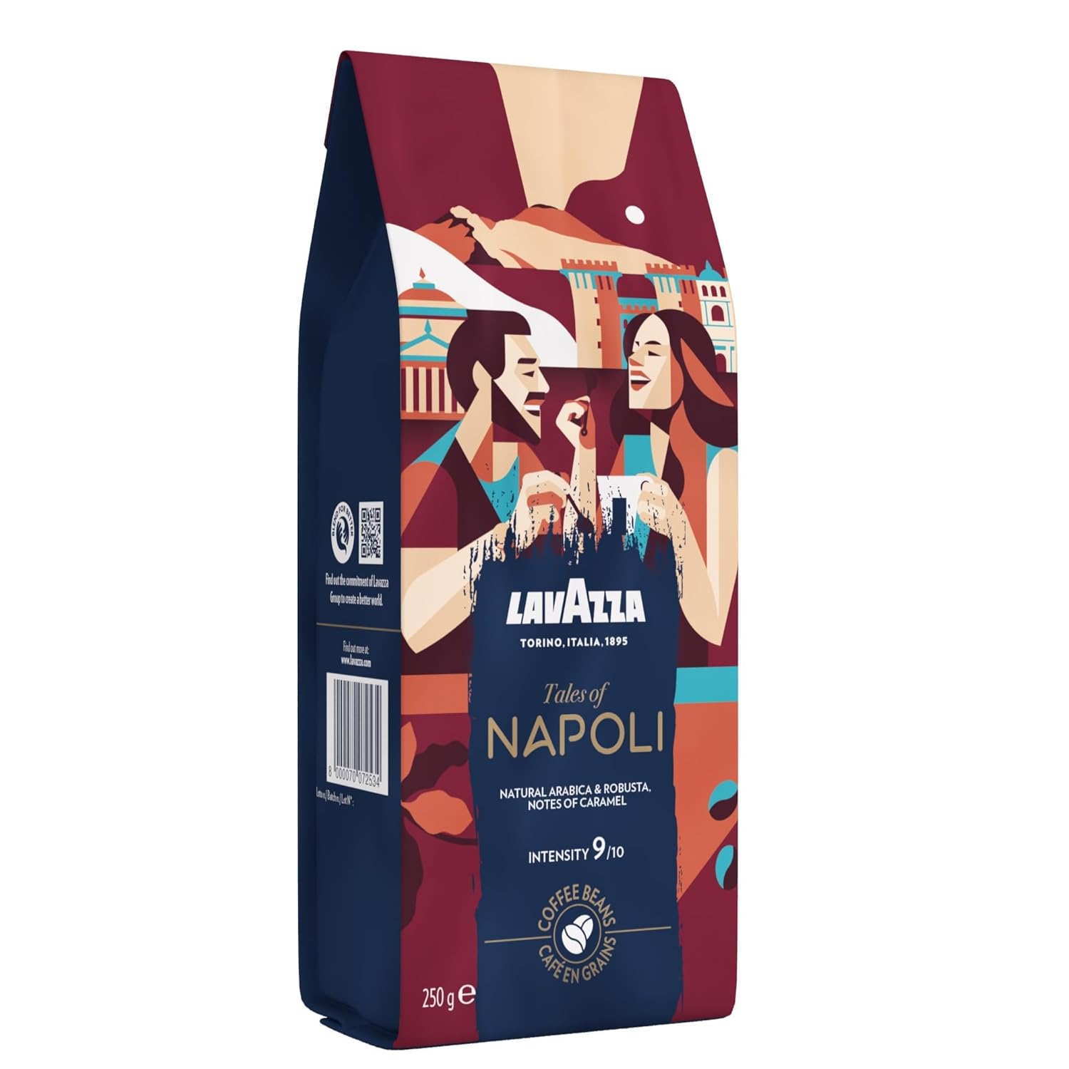 Lavazza, Tales of Napoli, Coffee Beans, Ideal for Espresso Coffee Machines, with Aroma Notes of Cocoa and Caramel, Arabica and Robusta, Intensity 9/10, Dark Roasting, 250 g