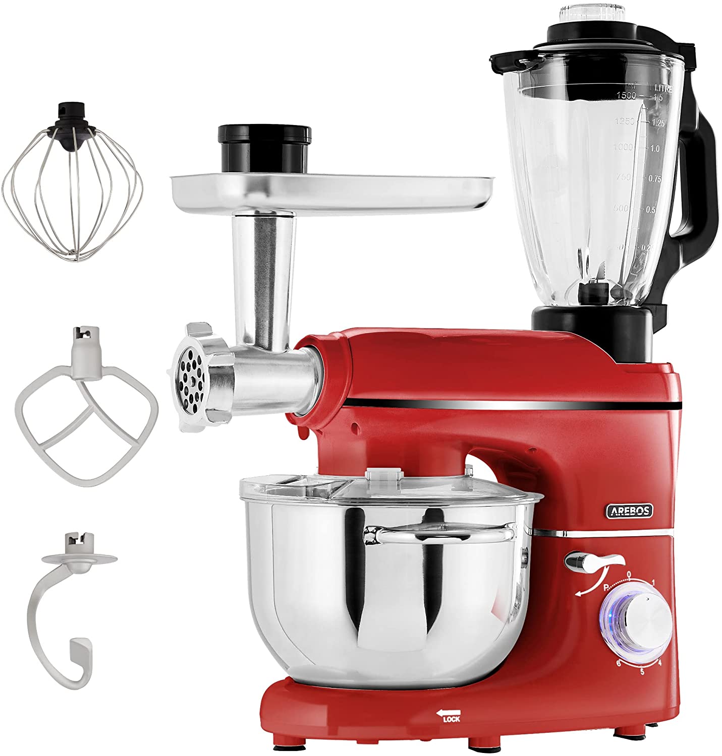 Arebos 6-in-1 Food Processor 1500 W Red Meat Grinder Blender Pasta Machine 