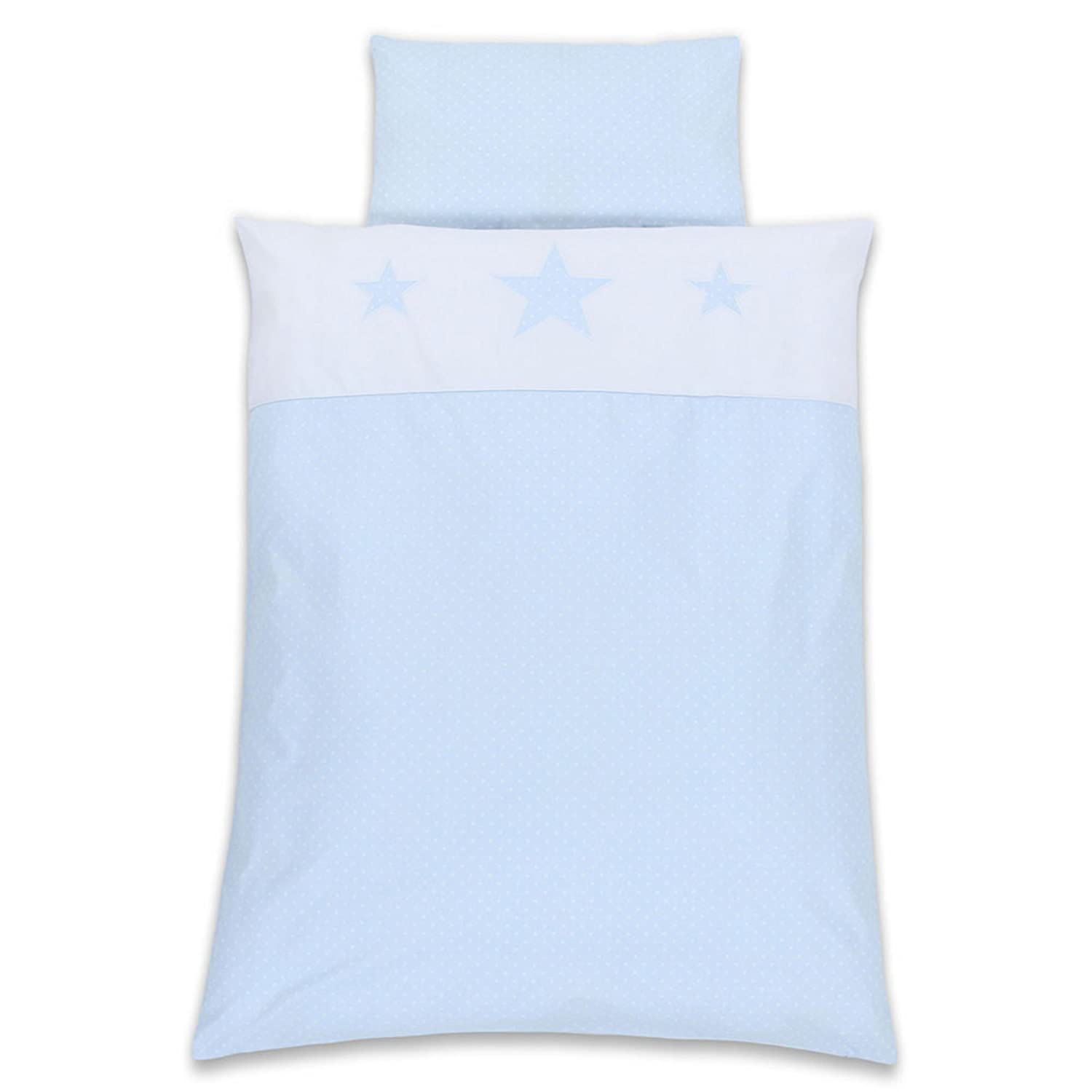 Babybay Cot Bed Linen Pique Iloveyou Light Blue With White Polka Dots