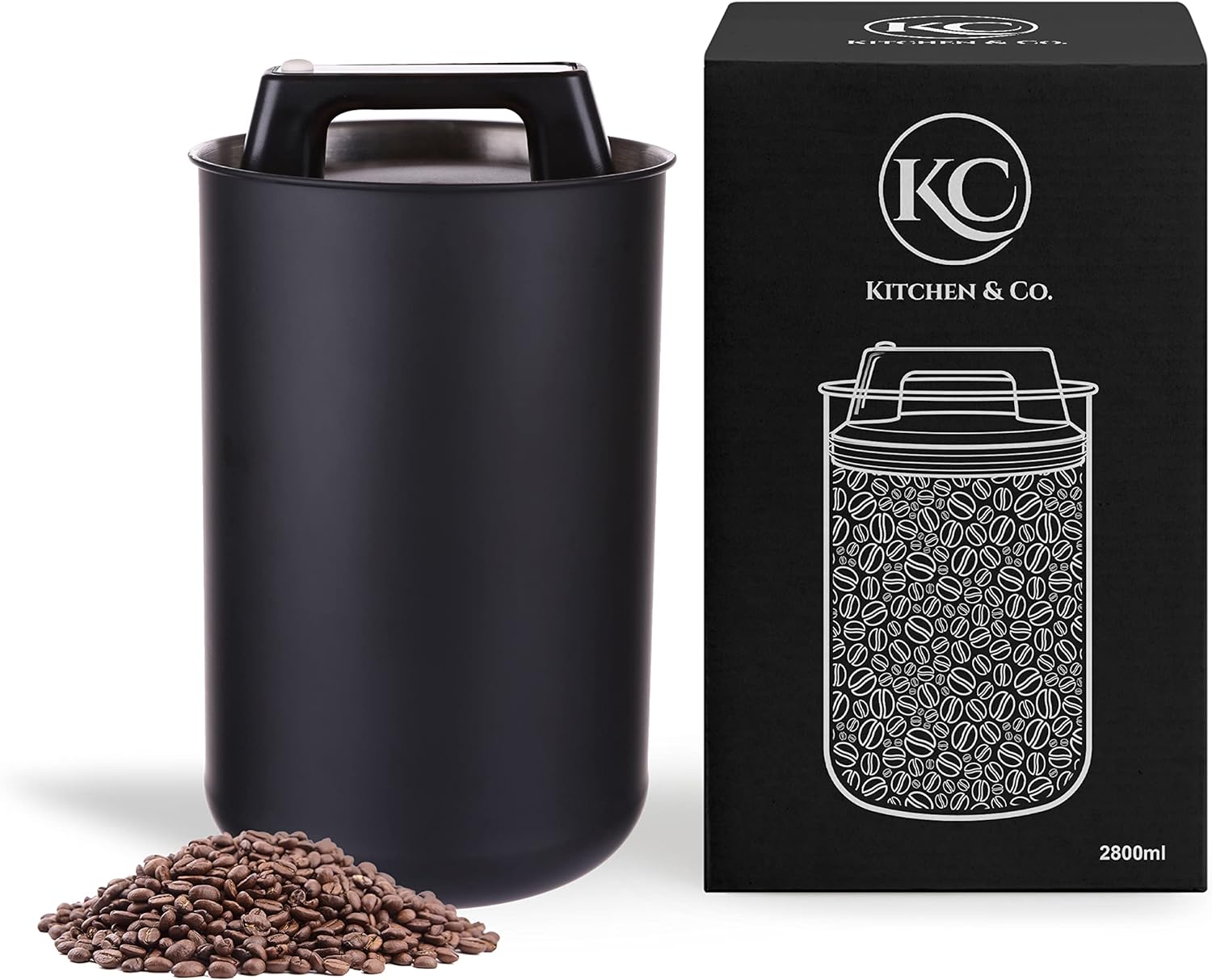 Airtight Coffee Canister for 1 kg Coffee Beans with Vacuum Lid (Container for Coffee, Tea, Stainless Steel Tin for Storage with Aroma Closure, Storage Jar for 1000 g Coffee) Matte Black (2800 ml)
