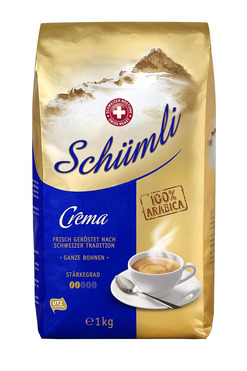 Schümli Crema Whole Coffee Beans 1 kg - Strength Level 2/5 - Utz Certified | 1 kg (Pack of 1)