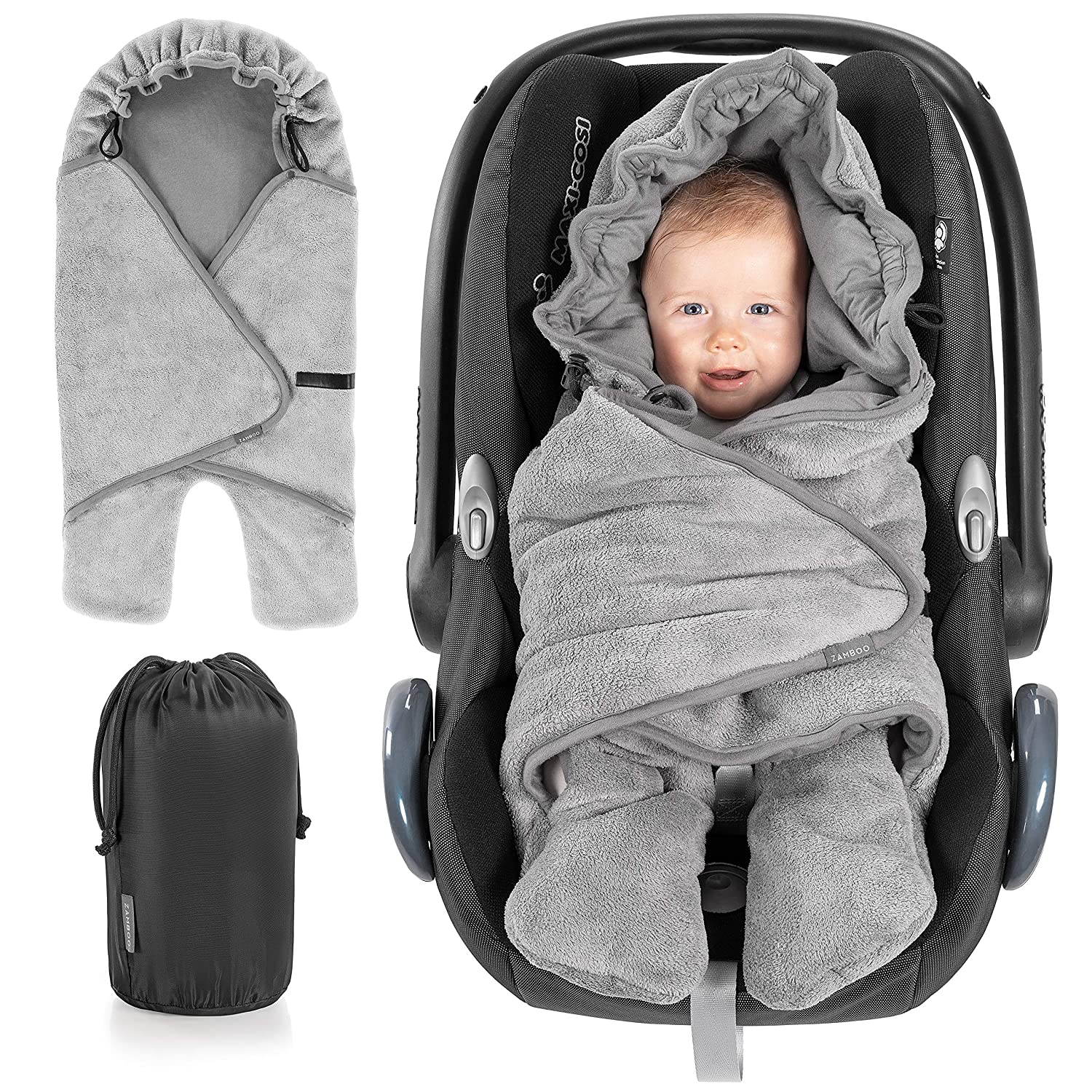Zamboo Baby Swaddling Blanket with Feet - Spring/Summer - Lightweight Blanket for Baby Seats / Car Seats (Fits Maxi-Cosi, Cybex, Römer) and Pushchairs with Hood and Bag - Grey