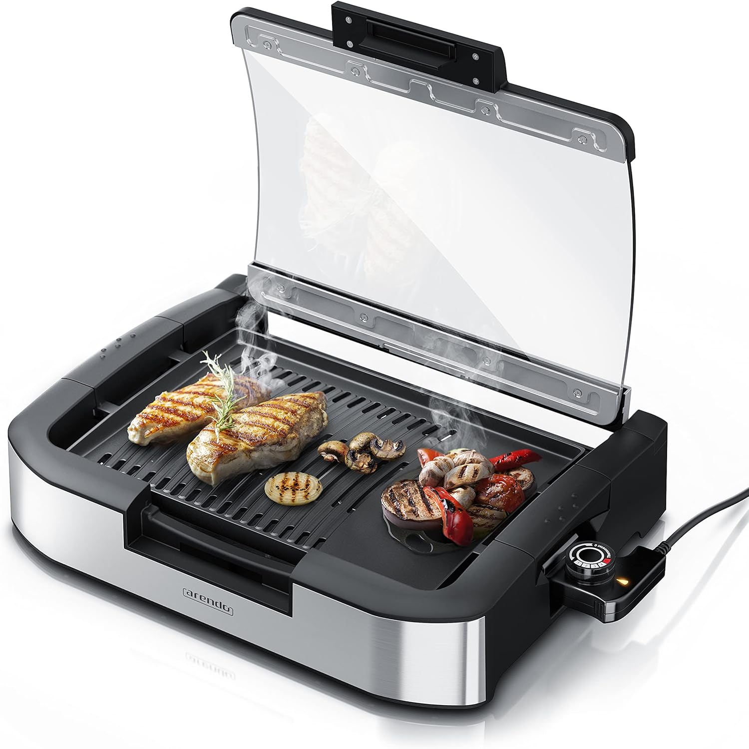 Arendo - Gourmet table grill electric grill stainless steel - 1800 W - with glass cover - for balcony garden indoor - non-stick coating - temperature control with 5 levels - GS certified - BPA-free