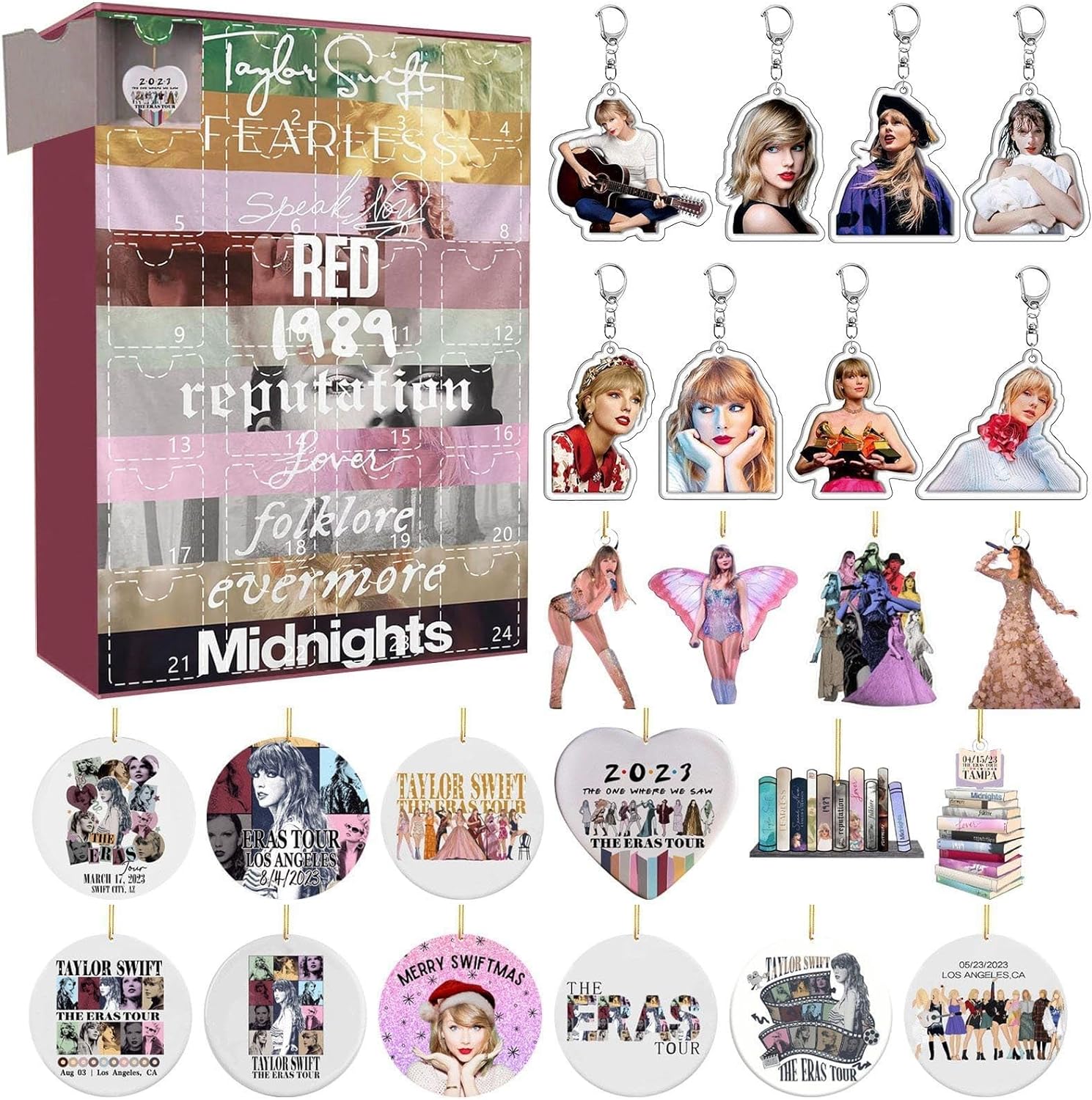 Fans Gift Box Set Christmas Countdown Advent Calendar, 24 Pieces Acrylic Pendants & Key Chains, Charms, Collectible for Children, Christmas Advent Calendar 2023 (Taylor Swift F)