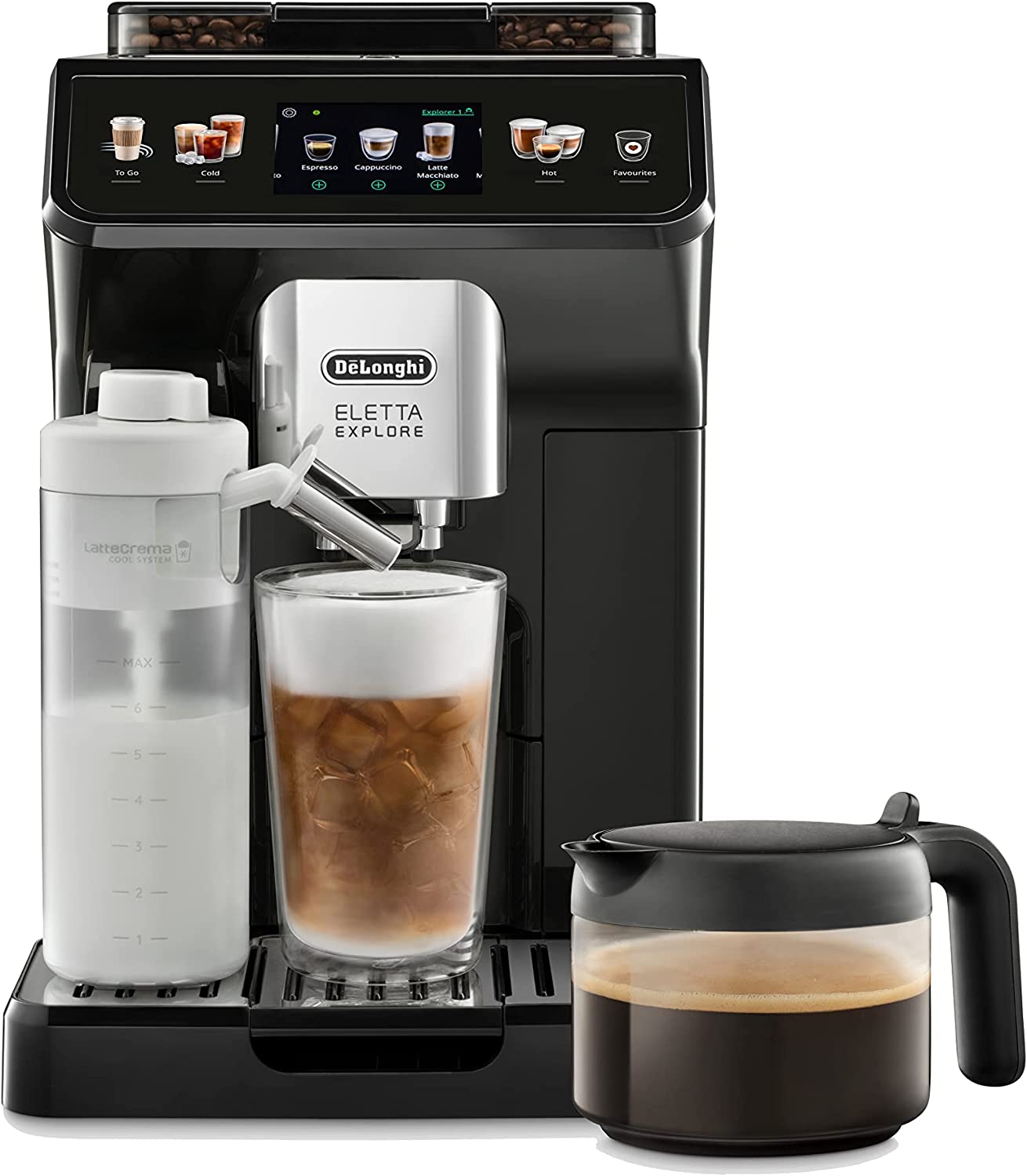 DeLonghi De\'Longhi Eletta Explore Perfetto ECAM452.57.G Fully Automatic Coffee Machine with LatteCrema Milk System, Hot and Refreshing Drinks at the Touch of a Button, 3.5 Inch TFT Touchscreen Colour Display, Coffee Pot Included