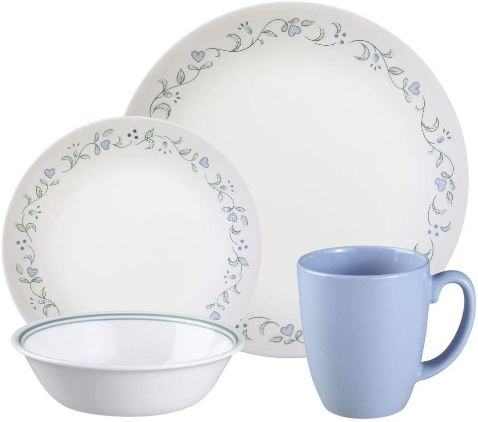 Corelle 16-Piece Vitrelle Glass Country Cottage Chip and Break Resistant Dinner Set, Service for 4, Green/ Blue