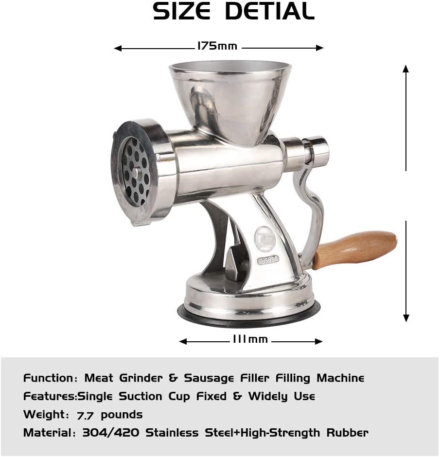 BRIDIOF Manual Meat Mincer 304 Stainless Steel Hand Cranked Sausage Filling Machine for Pork, Beef, Fish, Chickens, Pepper etc. (8# Double Fixed + 3 Opening Plates)