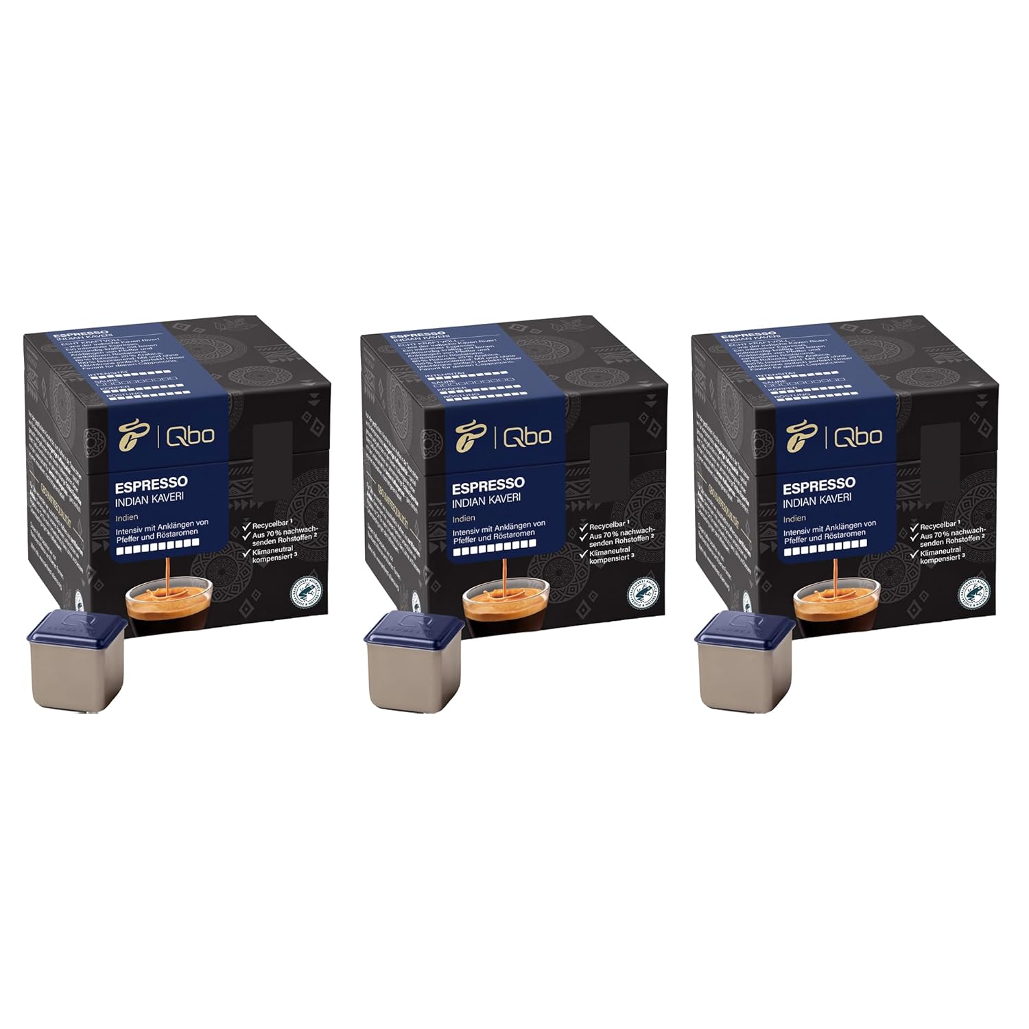 Tchibo Qbo Espresso Indian Kaveri Premium Coffee Capsules, 81 Pieces - 3 x 27 Capsules (Espresso, Intensity 10/10, Intense and Peppery), Sustainable, Made from 70% Renewable Raw Materials