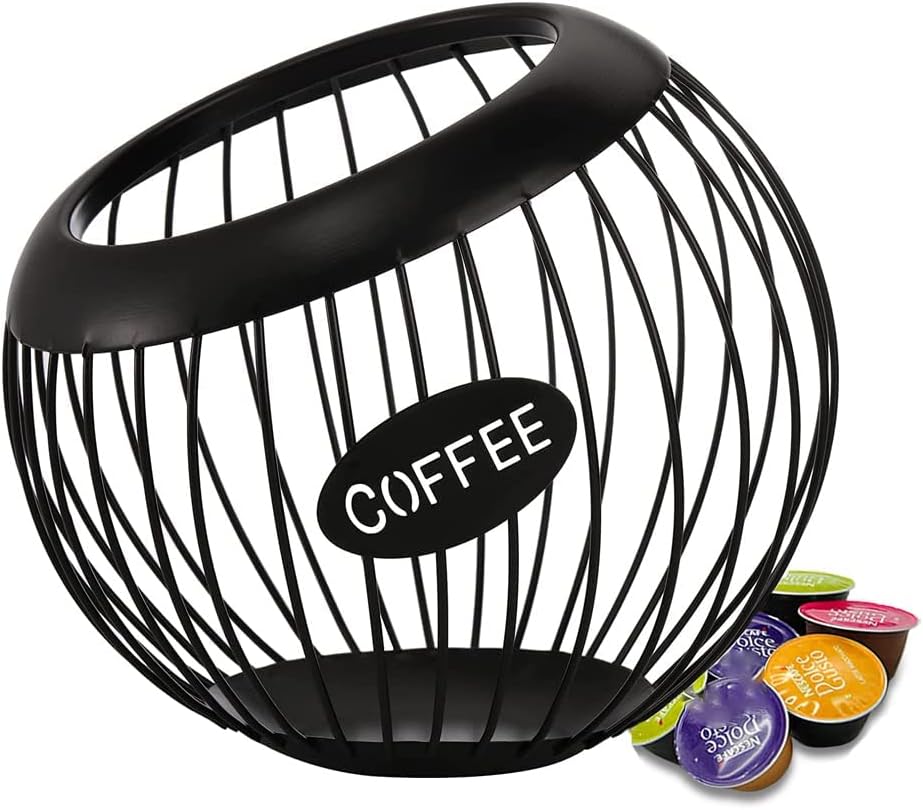 Tiamu Black Coffee Capsule Basket, Coffee Capsule Holder Metal Storage, K Cups and Espresso Coffee Pod Holder Basket, Large Capacity Coffee Dispenser for Counter and Coffee Bar