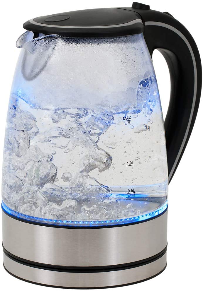 Deuba LED Kettle 1.7 L Stainless Steel Glass 2200 W BPA Free Wireless Limescale Filter Overheating Protection Tea Kettle