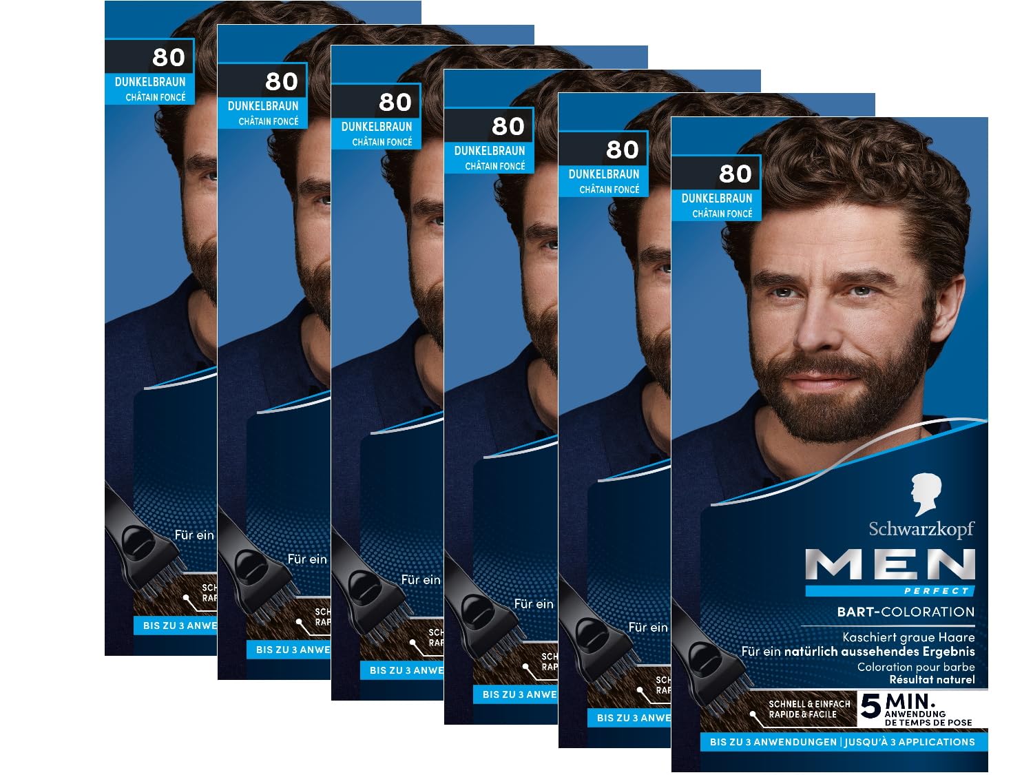 Schwarzkopf Men Perfect Beard Coloration 80 Natural Black/Brown Level 2 (6 x 30 ml), Beard Dye for Concealing Gray Hair for a Natural-Looking Result, Quick Application