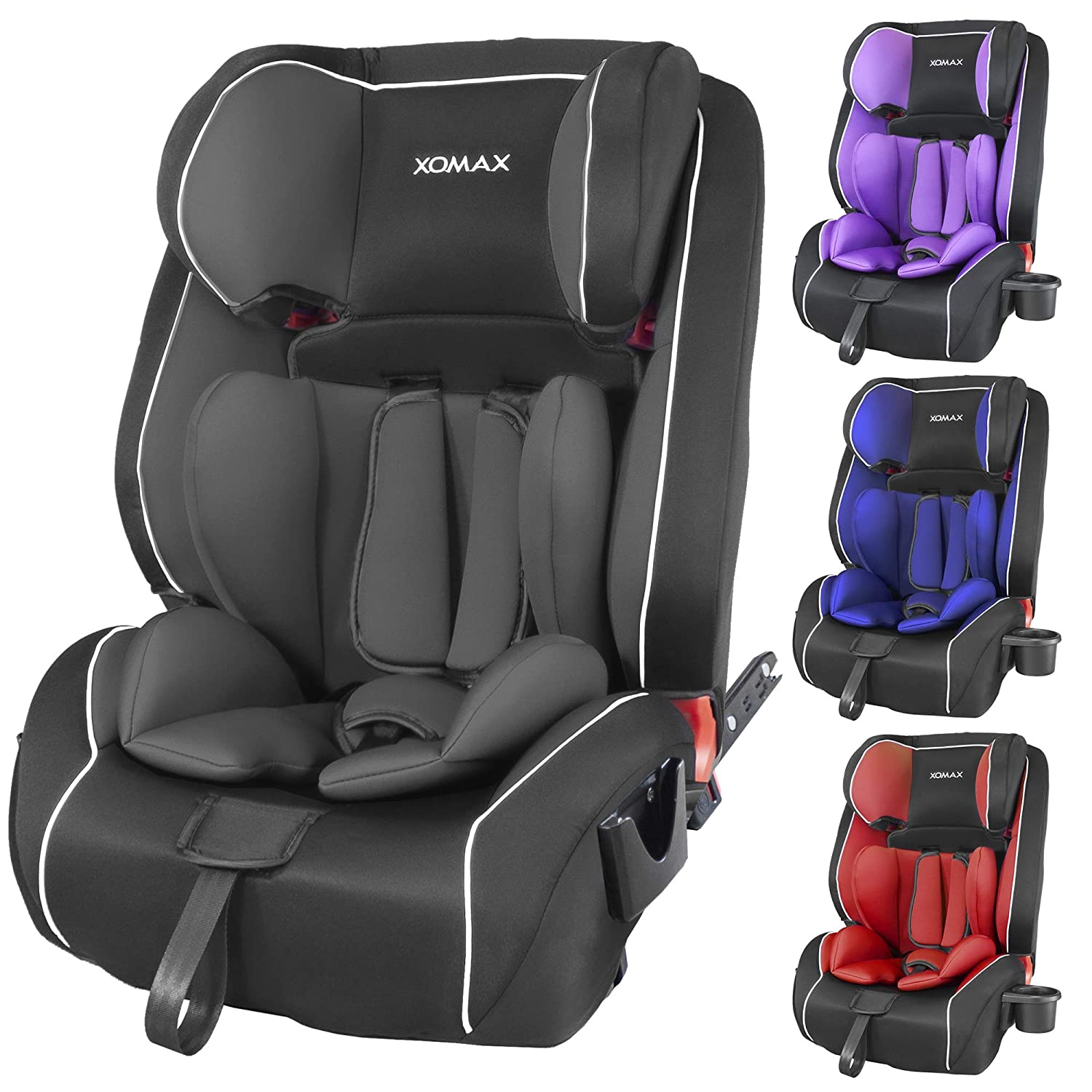 Xomax HQ668 Isofix Child Car Seat, 9 - 36 kg with Bottle Holder, Grows with Your Child: 1 - 12 Years, Group 1 / 2 / 3, 5-Point Harness and 3-Point Harness, Removable and Washable Cover, ECE R44/04 grey