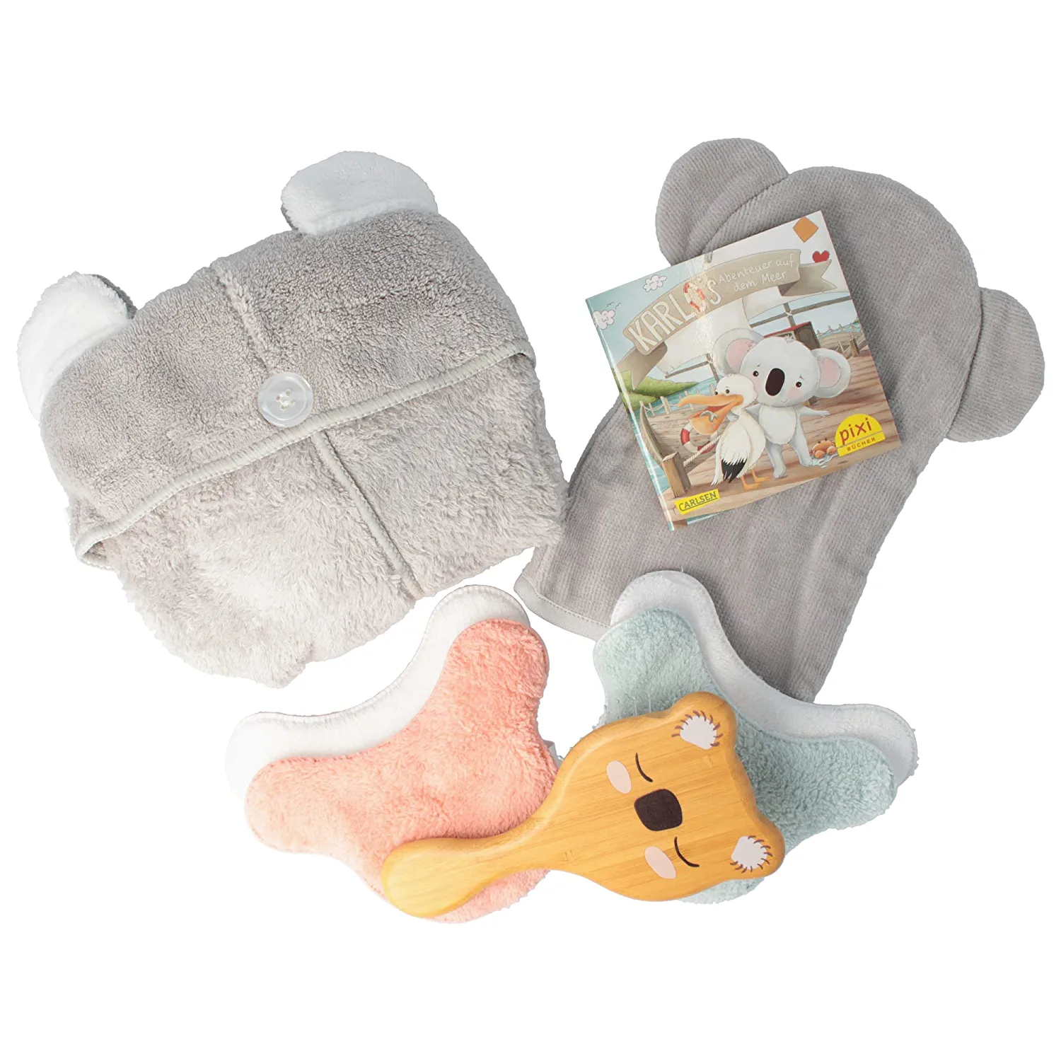 PARSA Beauty Nature Kids Ludwigs Favourite Set - Wash Mitt, Cleaning Pads, Hair Turban and Hair Brush for Children - Ideal Shower Accessory for Children with Book to Read