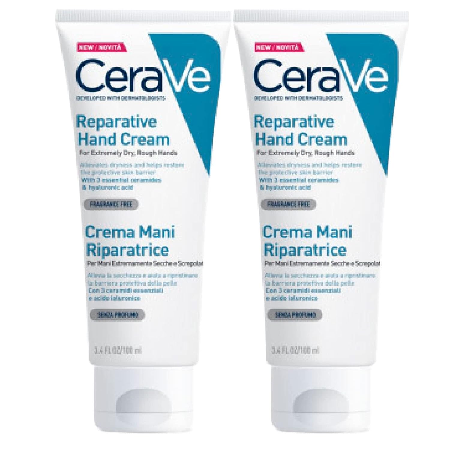 2 x CeraVe Hand Cream for Extremely Dry and Cracked Hands with 3 Essential Ceramides and Hyaluronic Acid - 2 Bottles of 100 ml Each