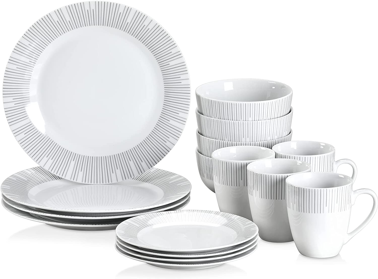 Veweet 32-piece Porcelain Dinner Set, 16-piece Crockery Set includes 10.75 inch (27 cm) Dinner Plate, 7.5 inch (19 cm) Dessert Plate, 5.5 inch (14 cm) Bowl and 380 ml Coffee Mug, Complete Service for 4/8 People