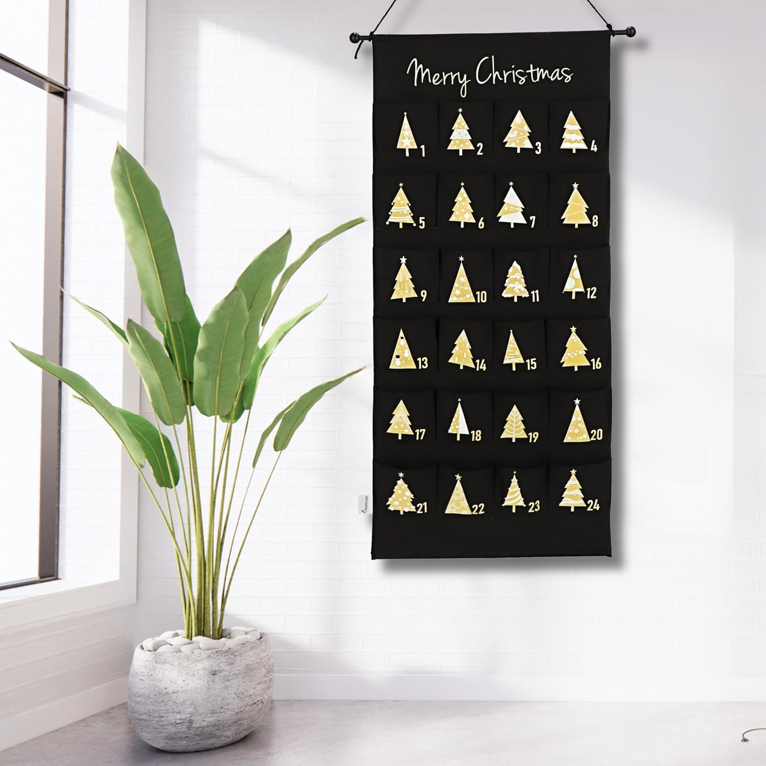Advent Calendar for Filling, High-Quality Linen Fabric, 24 Compartments, for Hanging, with Wooden Bar, 108 x 51 cm [Black, Gold] (Black)