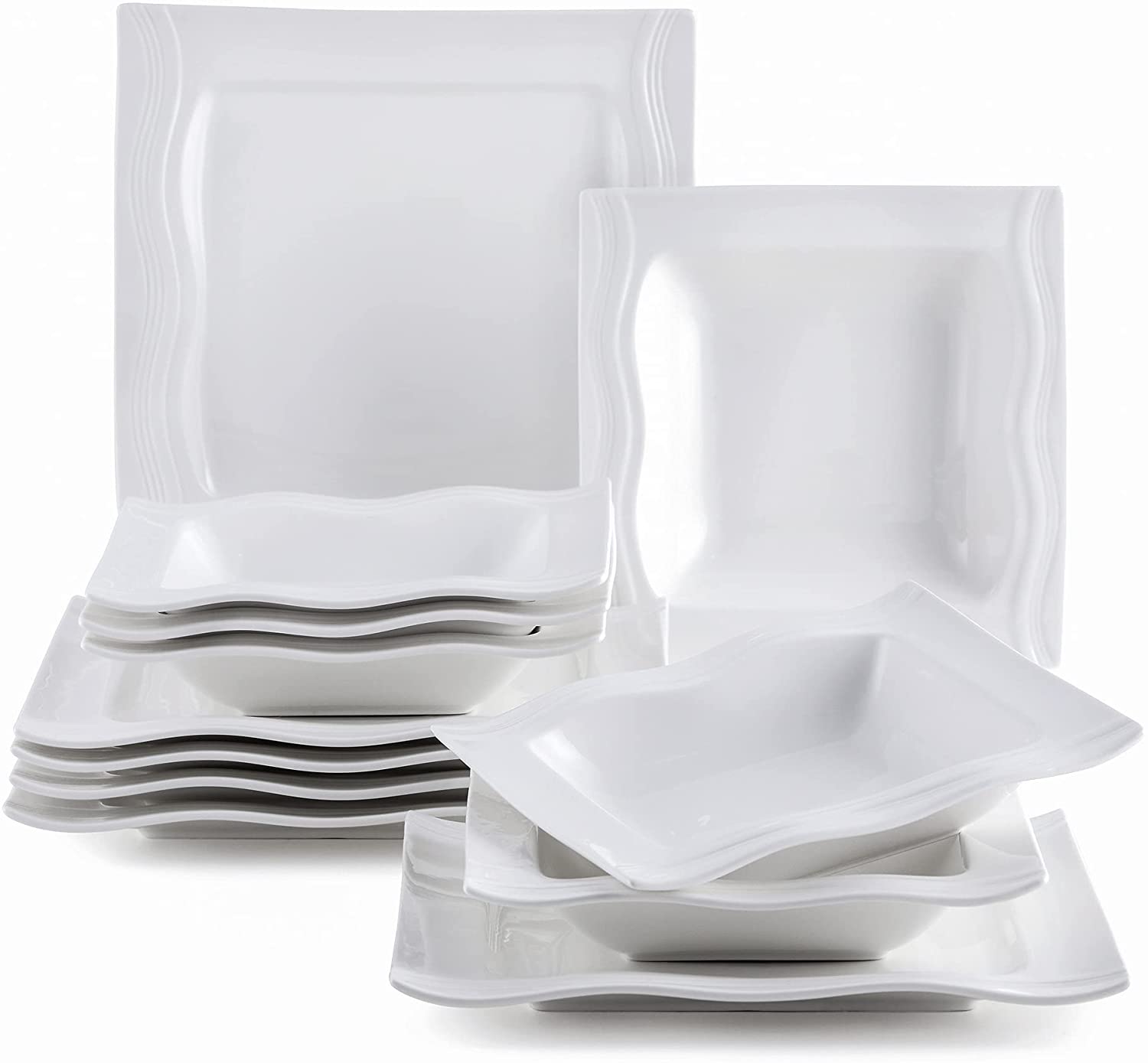 MALACASA, Mario Series Cream White Porcelain Dinner Service 12 Pieces Crockery Set with 6 Dinner Plates 6 Soup Plates for 6 People