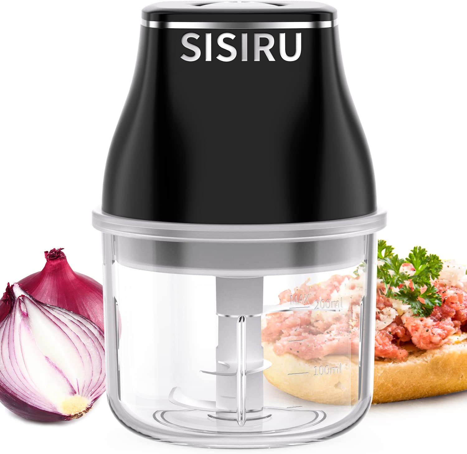Sisiru Mini Chopper Electric Onion Chopper, USB Rechargeable Garlic Chopper 200 ml with 3 Stainless Steel Blades, Suitable for Meat, Vegetables, Garlic, Ginger and Baby Food, Black