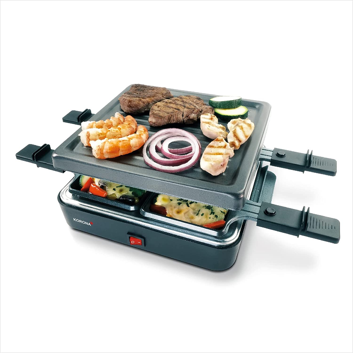 Korona 45081 Raclette for 4 People, Square Raclette with 4 Pans and Spatulas, with Non-Stick Grill Plate, 600 Watt