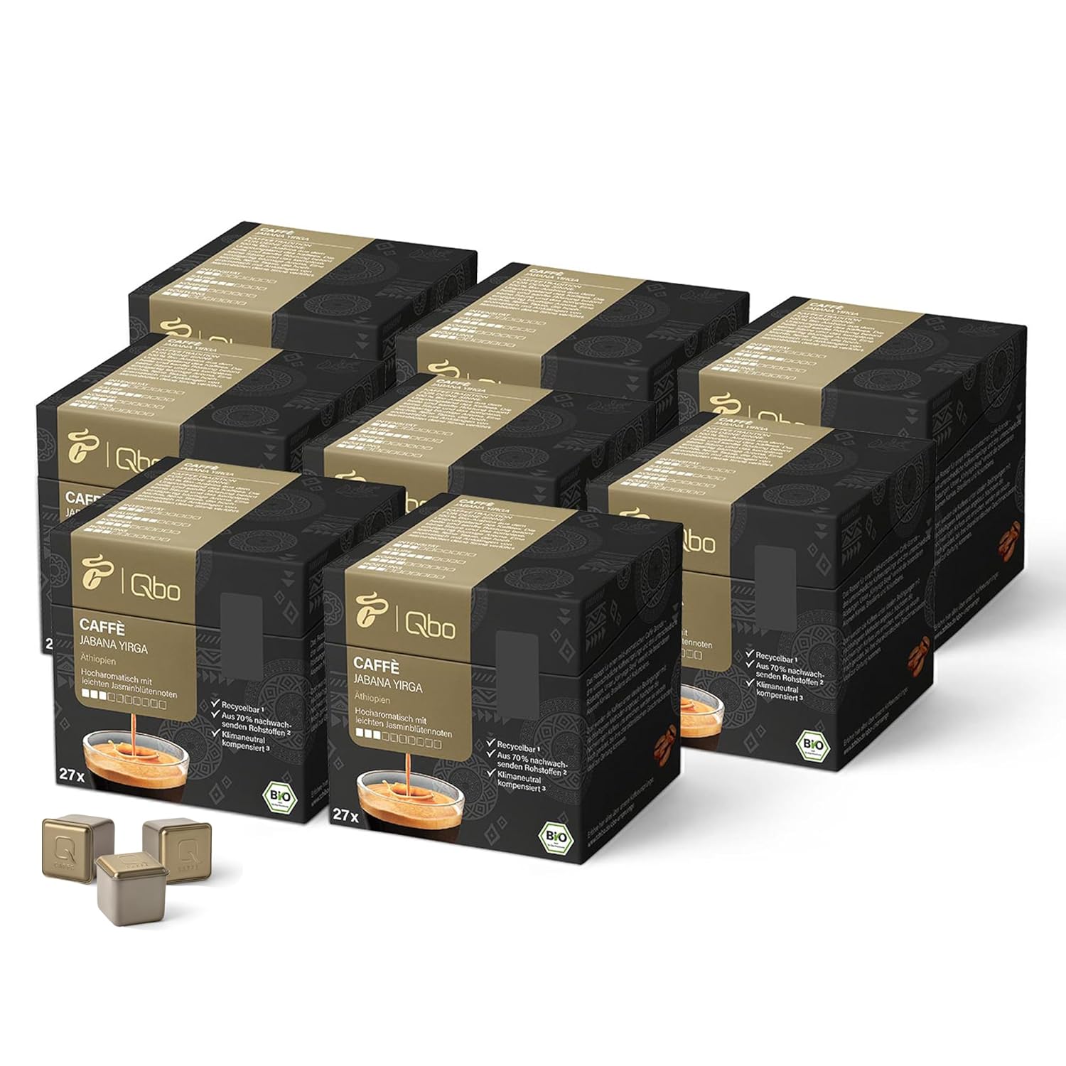 Tchibo Qbo Caffè Jabana Yirga Premium Coffee Capsules, Pack of 216 - 8 x 27 Capsules (Caffè, Intensity 03/10, Highly Aromatic, Jasmine Blossom Notes), Sustainable, Made from 70% Renewable Raw