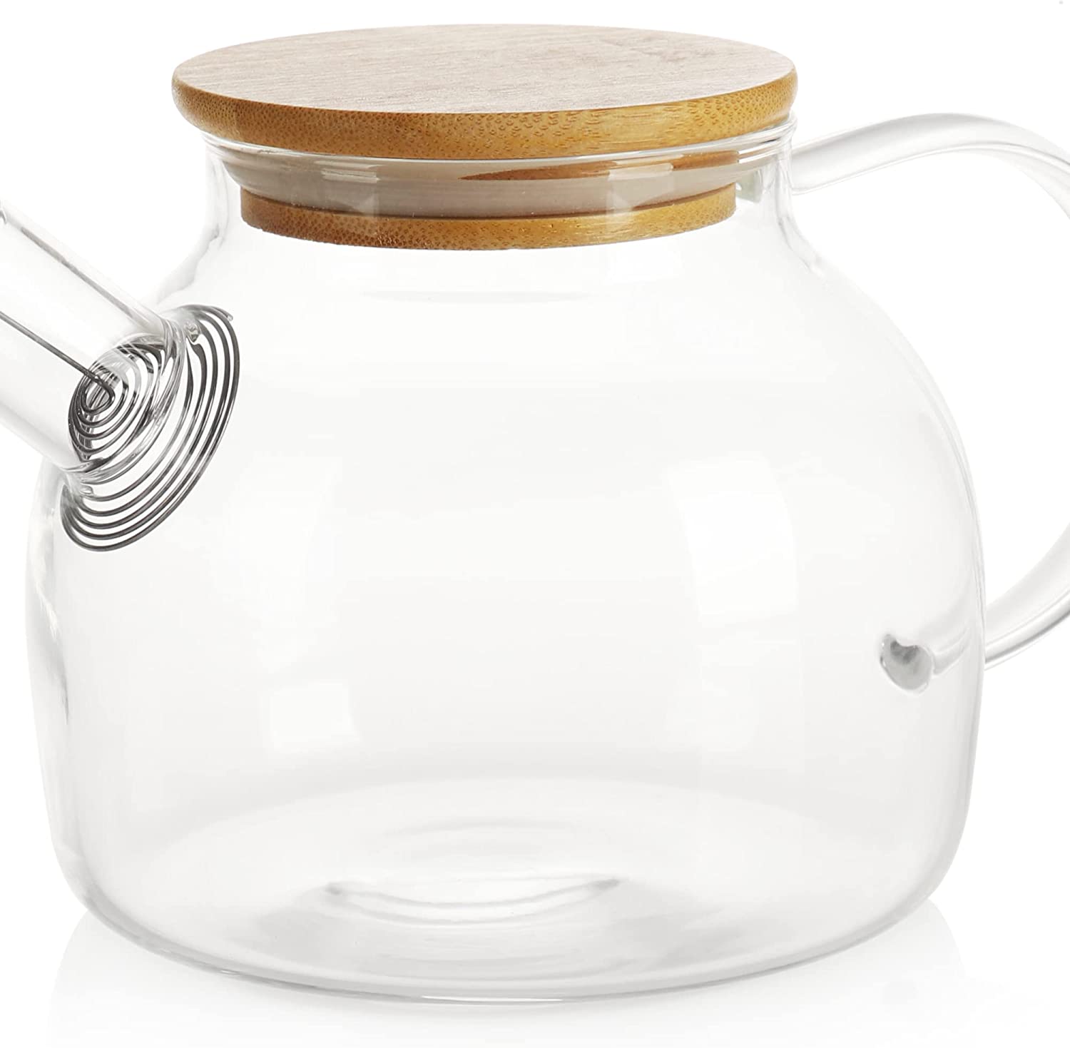 com-four® Teapot with Bamboo Lid, Glass Jug Made of Heat-Resistant Glass with Stainless Steel Strainer, Glass Carafe (1 Piece, with Bamboo Lid)