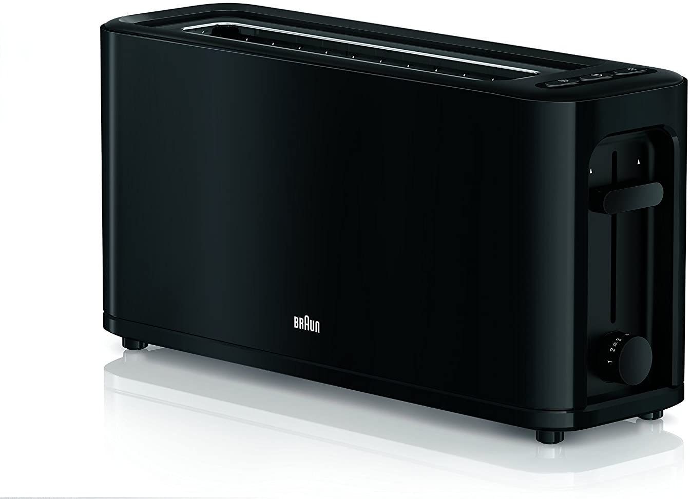 Braun HT 3110 BK Toaster, Long Slot, Extra Wide Toast Chamber, Removable Crumb Drawer, Warming and Defrosting Function, 7 Roasting Levels, Separate Bun Attachment, Black