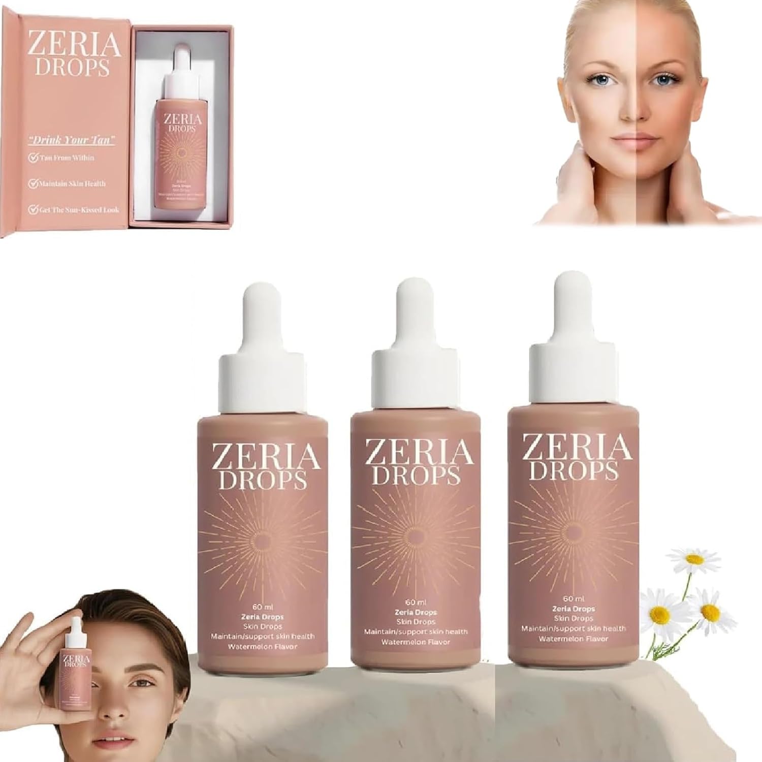 Zeria Sunless Tanning Drops - ZERIA Drops for Natural Reinforcement of Melanin, Improving Natural Skin Tone, No Sun Damage (3 Pieces)