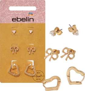 ebelin Stud earrings hearts & bows, gold look, 6 pcs