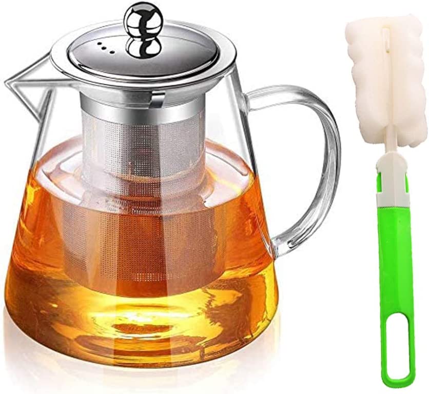 YISPIRIN Teapot Glass, Teapot with Strainer Insert, Borosilicate Glass Tea Service, Teapot Glass with Strainer Insert, Teapot with Tea Strainer, Clear Teapot for Loose Tea and Blooming, Dishwasher Safe 950 ml