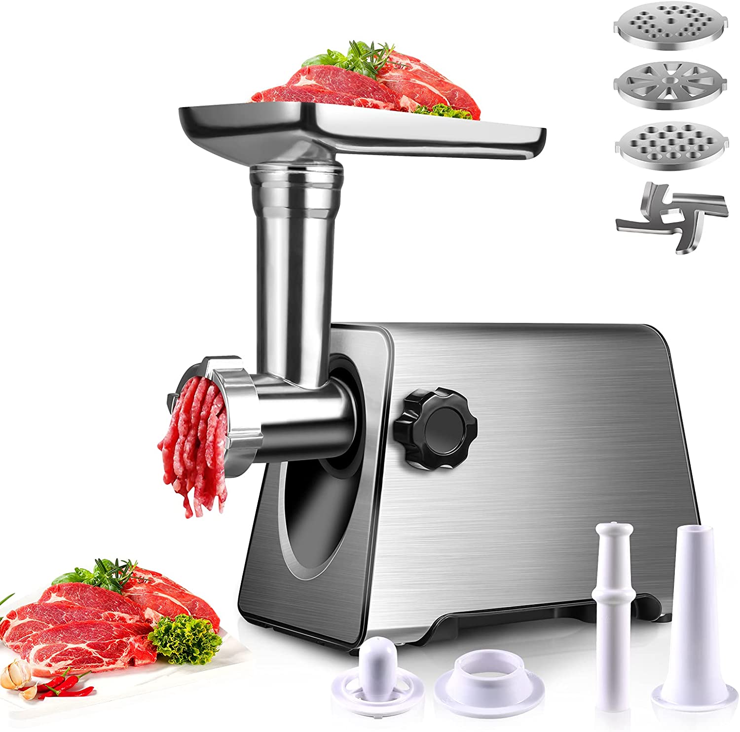 BenRich Meat Grinder Electric Sausage Burger Maker Stuffer Machine with 3 Sizes Metal Plates and Kibbe Attachment, Max 2800 W Stainless Steel Body for Home Use