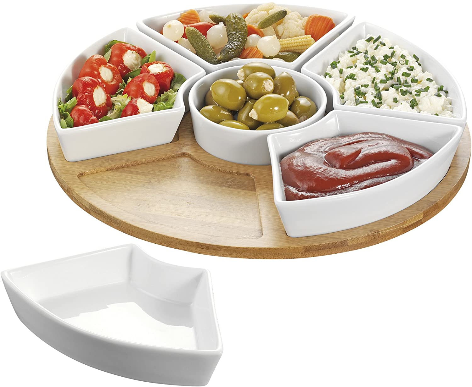 Esmeyer Caterado SUSAN rotating serving tray with 6 white porcelain bowls and a bamboo tray