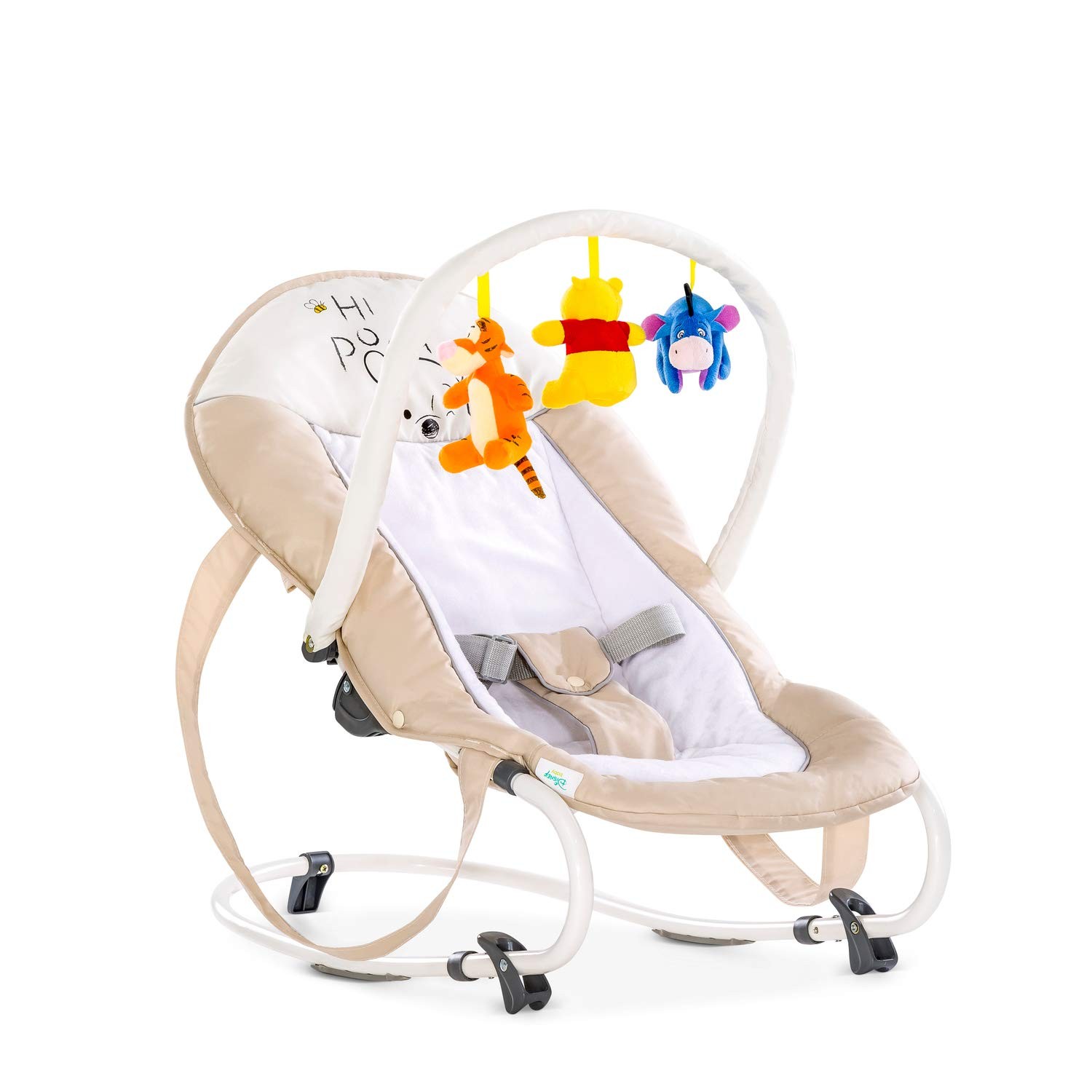 Hauck Bungee Deluxe baby bouncer from birth up to 9 kg with rocking function, play arch, adjustable backrest, safety belt, handles, tip-proof, portable - Pooh beige