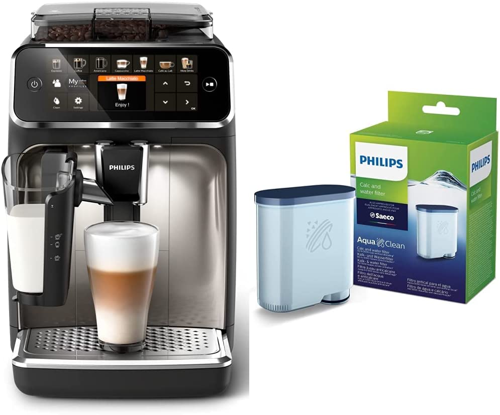 Philips Domestic Appliances Philips 5400 Series EP5447/90 Fully Automatic Coffee Machine, 12 Coffee Specialities, Matte Black/Chrome-Plated Arena & Philips Lime CA6903/10 Aqua Clean Water Filter for Fully Automatic Coffee Machines, Plastic