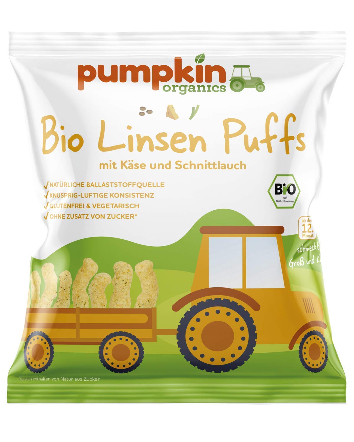 Pumpkin Organics Bio Linsen Puffs mit Käse & Schnittlauch, für Kinder und Babys ab dem 12. Monat, 16er Pack (16x20g)