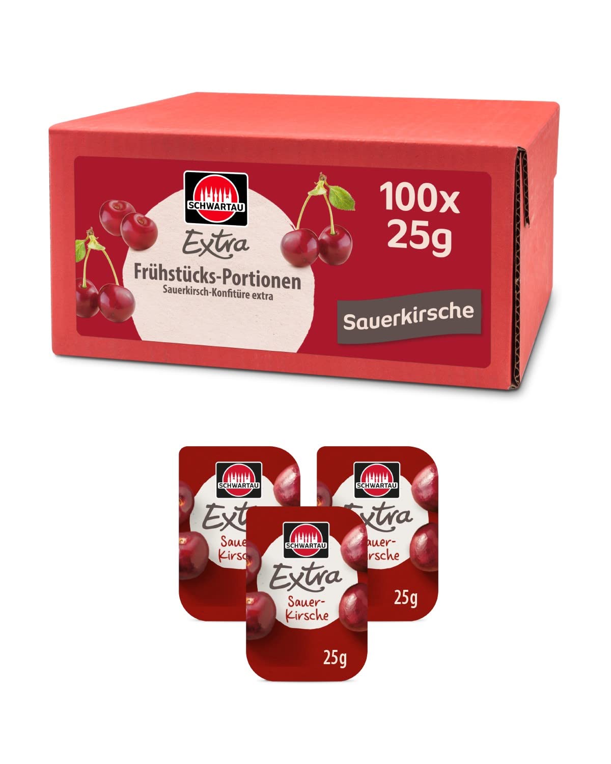 Schwartau Extra Sour Cherry Portions, Jam Portion Bowls, Bulk Pack, 100 x 25 g