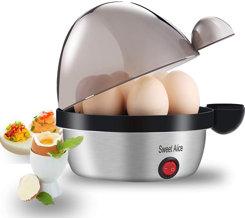 Sweet Alice Egg Cooker Stainless Steel Egg Cooker Test Winner Egg Cooker for 1-7 Eggs with Hardness Adjustment, Indicator Light Automatic Shut-Off, Overheating Protection, Measuring Cup, BPA-Free