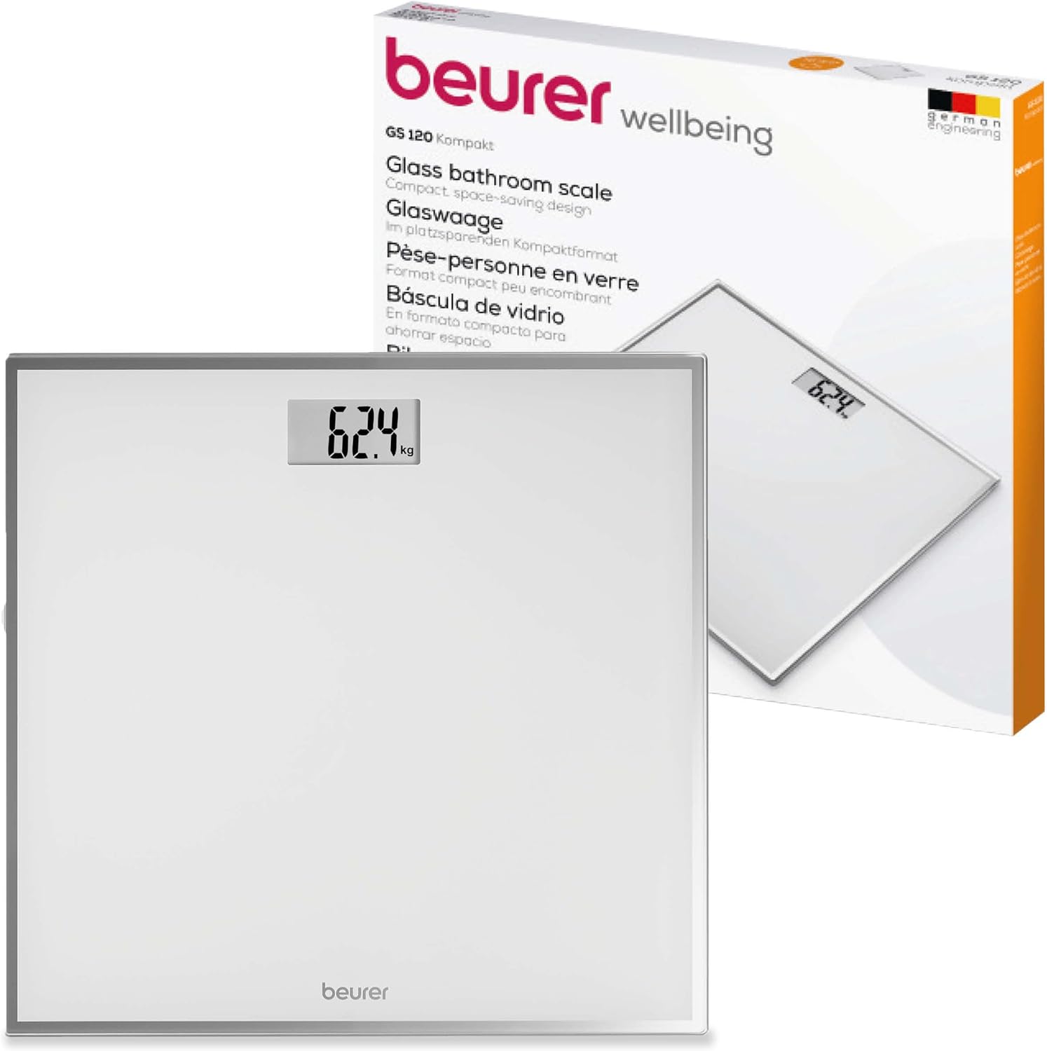 Beurer GS 120 Compact Glass Scales with Elegant Mirror Effect in Space-Saving Compact Format, 27 x 26 cm, Easy-to-Read LCD Display, Digit Height 22 mm, Flat Digital Scale, Load Capacity up to 150 kg