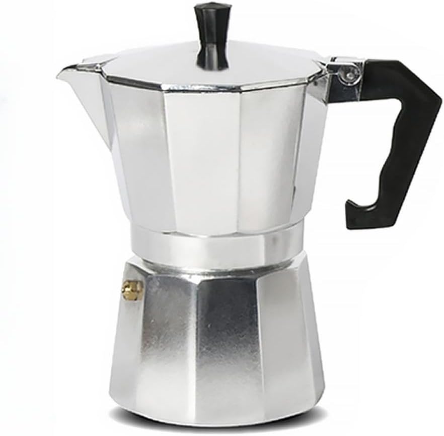 A2World aluminum espresso maker, Silver Color, Anti-Scald Handle, Compatible with Electric and Gas Hobs, Not for Induction (2 Cups)