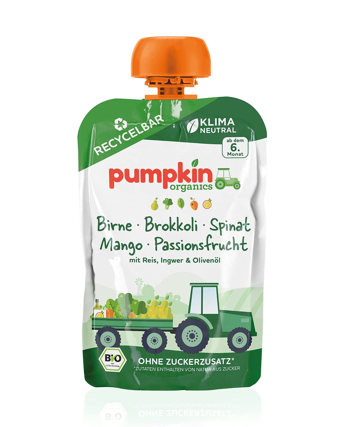 Bio Quetschie Birne, Brokkoli, Spinat, Mango, Passionsfrucht, Reis, Ingwer & Olivenöl - Gemüsepüree, Fruchtmus und Getreide für Babys ab dem 6. Monat. Recycelbarer Quetschbeutel, 32er Pack (32x100g)
