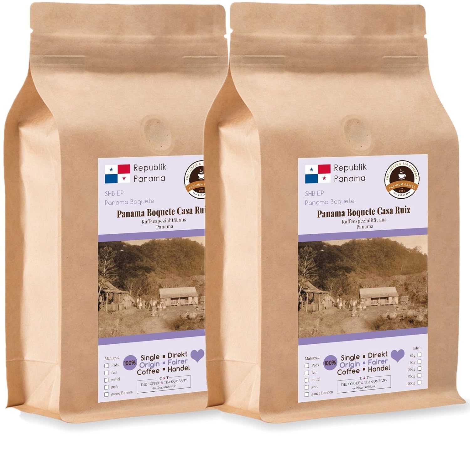 Coffee Globetrotter - Coffee with Heart - Panama Boquete Casa Ruiz - 2 x 1000 g Whole Bean - for Fully Automatic Coffee Grinder - Roasted Coffee Fair Trade | Refill Pack Economy Pack