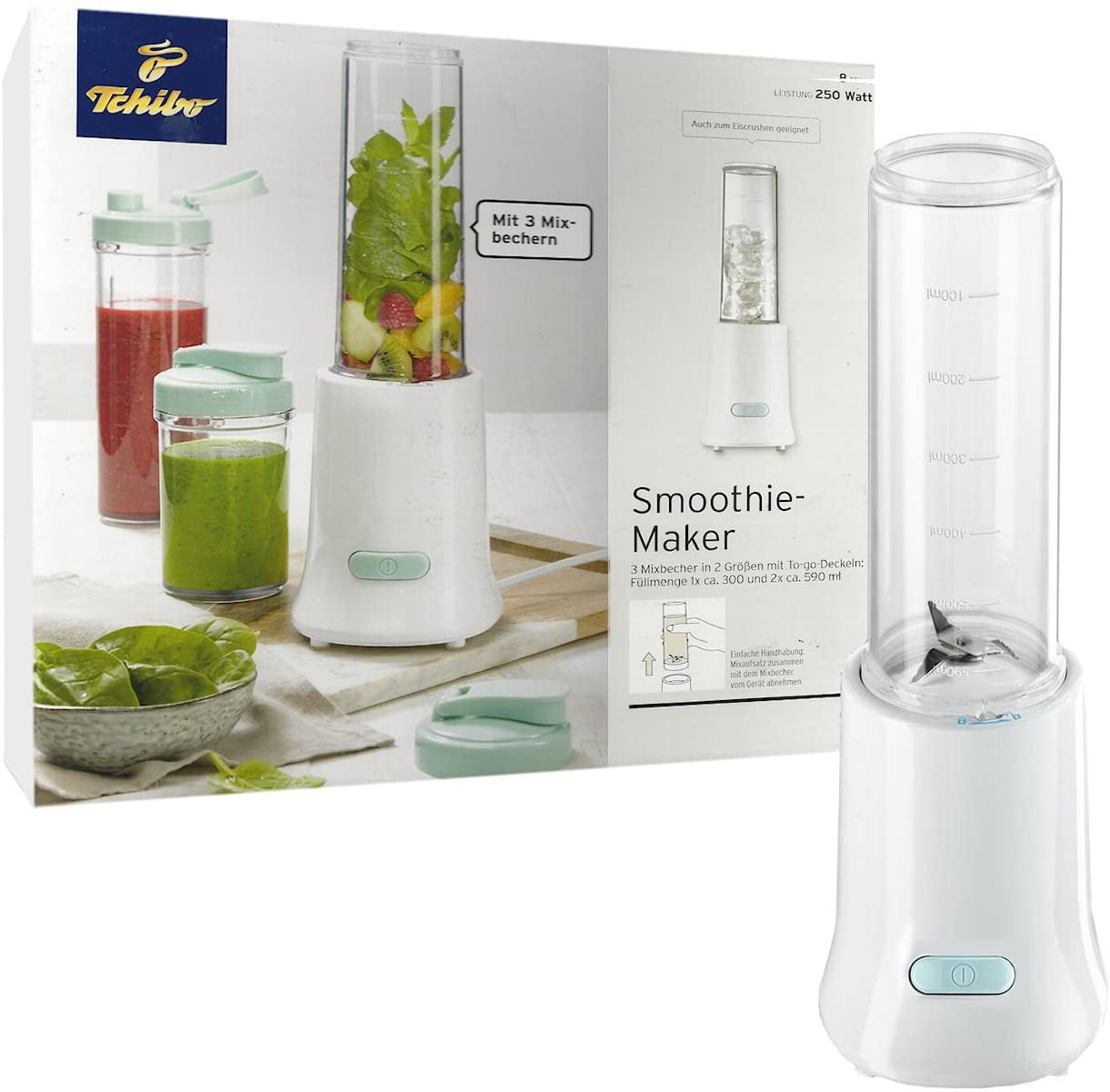 TCM Tchibo Smoothie Maker Blender with 3x To-Go Lid and 3 Mixing Beaker with