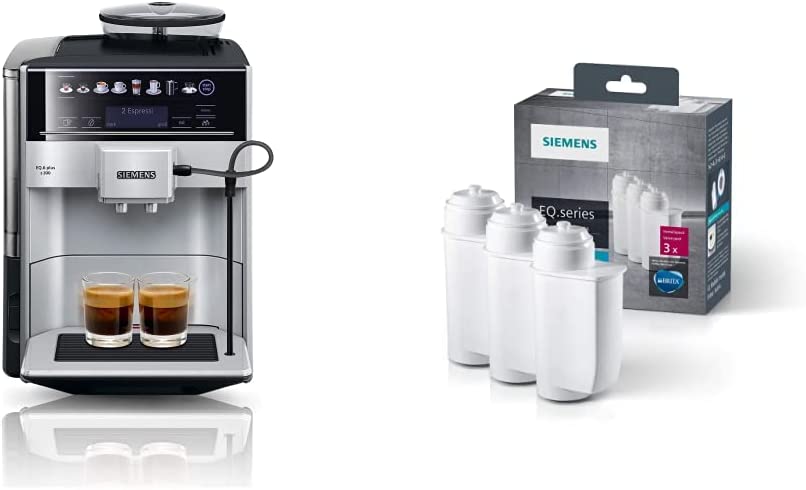 Siemens EQ.6 Plus s300 Fully Automatic Coffee Machine TE653501DE, Storage Profiles, 1,500 Watt, Silver & TZ70033A Brita Intenza Water Filter, Reduces Limescale Content in Water, Pack of 3, White