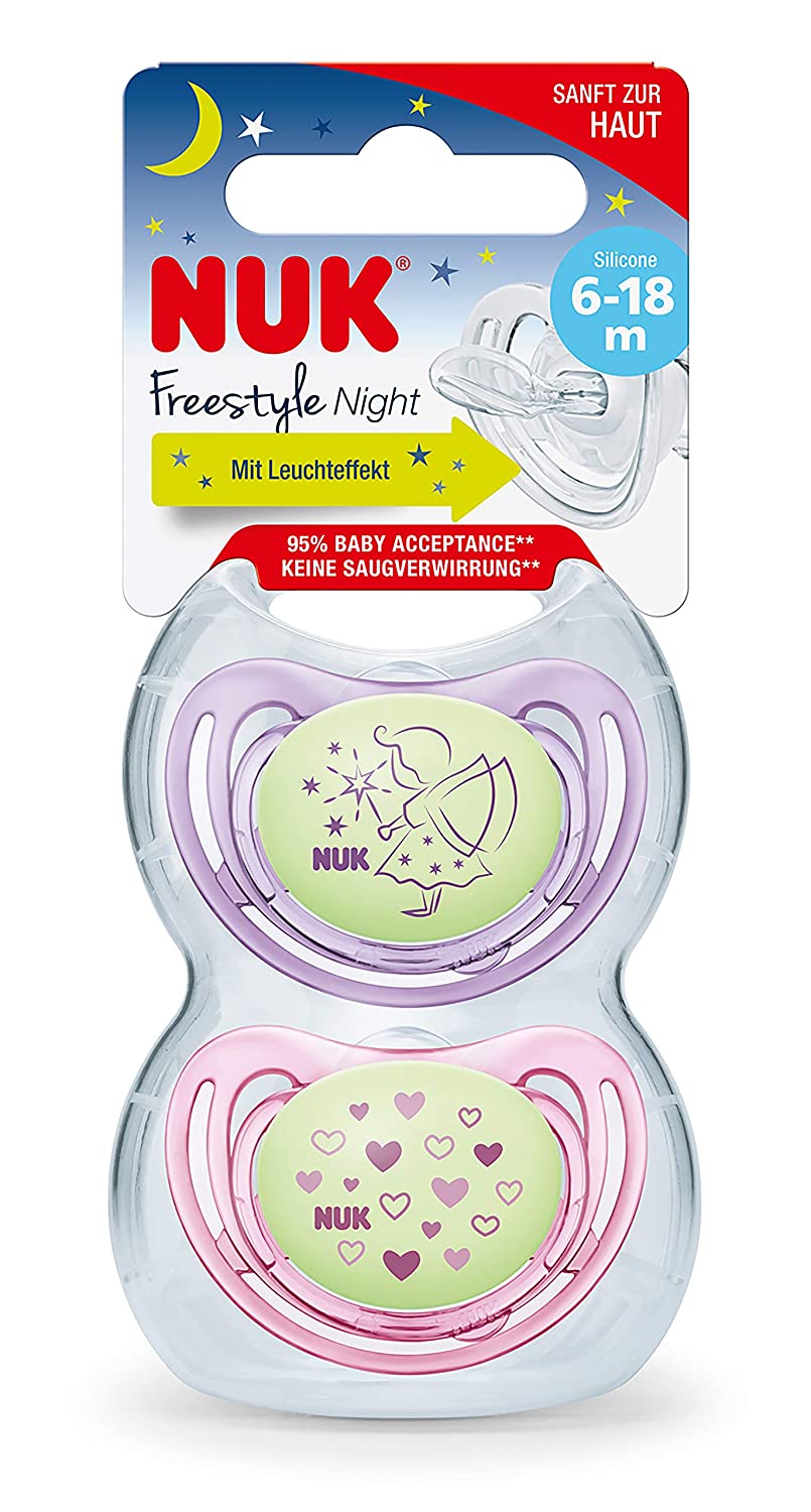 NUK Freestyle Night Dummy, with Luminous Effect, Silicone, 6-18 Months, Orthodontic Shape, Purple & Pink, Pack of 2