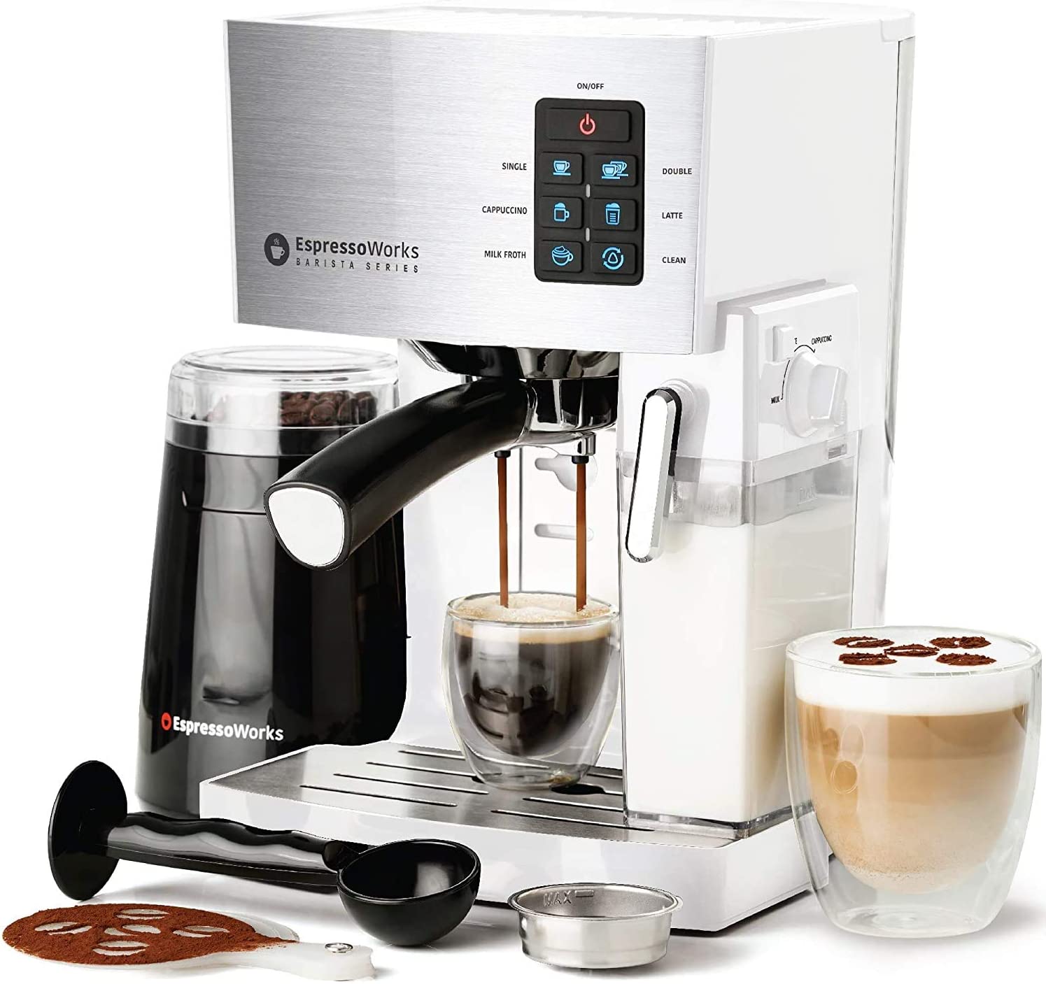 EspressoWorks 10 Piece All-in-One Barista Set Espresso Machine & Cappuccino Machine (White)